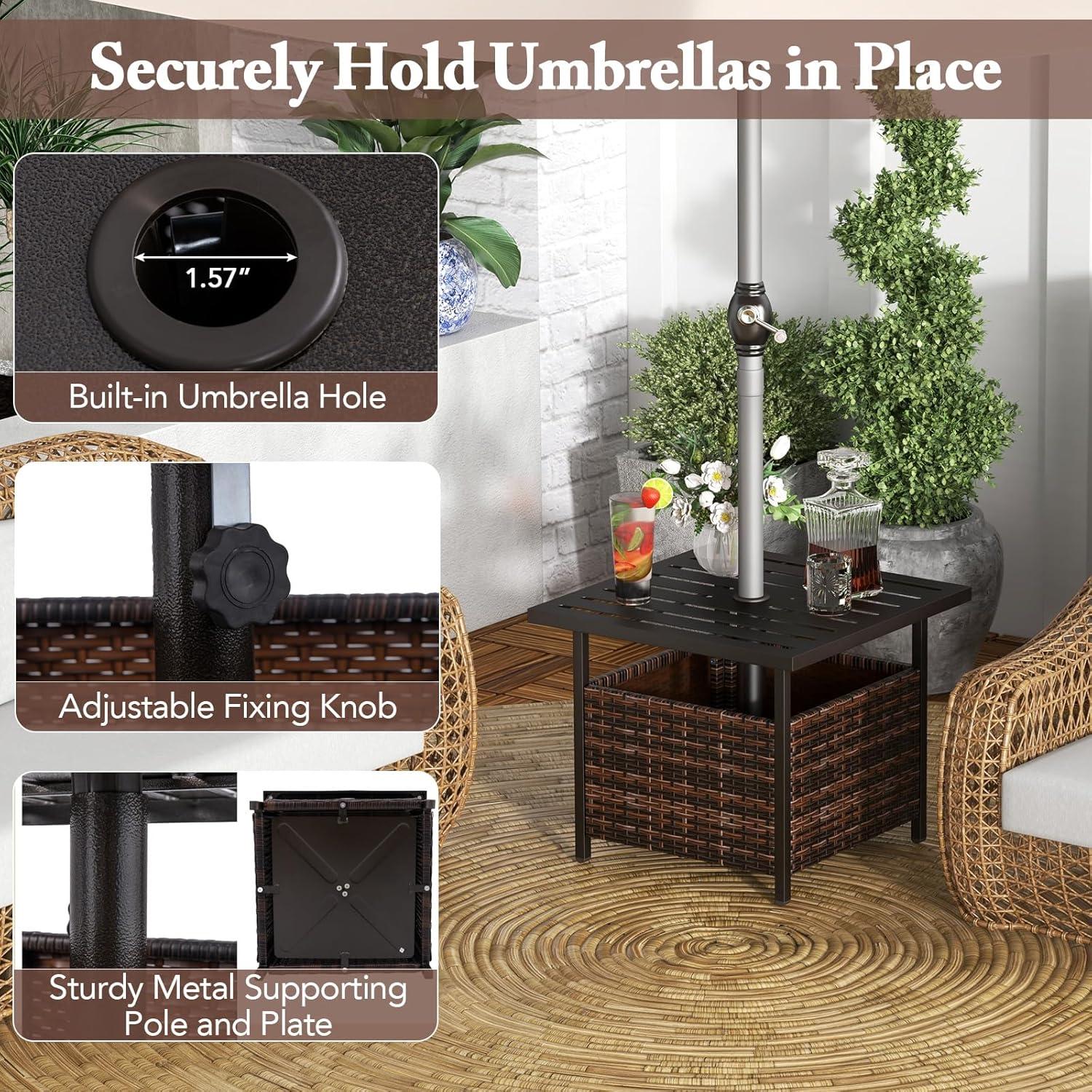image:imageGiantex Outdoor Side Table with Umbrella Hole 22 Wicker Umbrella Table with Stand and Base WeatherResistant PE Rattan Patio End Table for Deck Garden Poolside Metal Tabletop Light GrayBrown