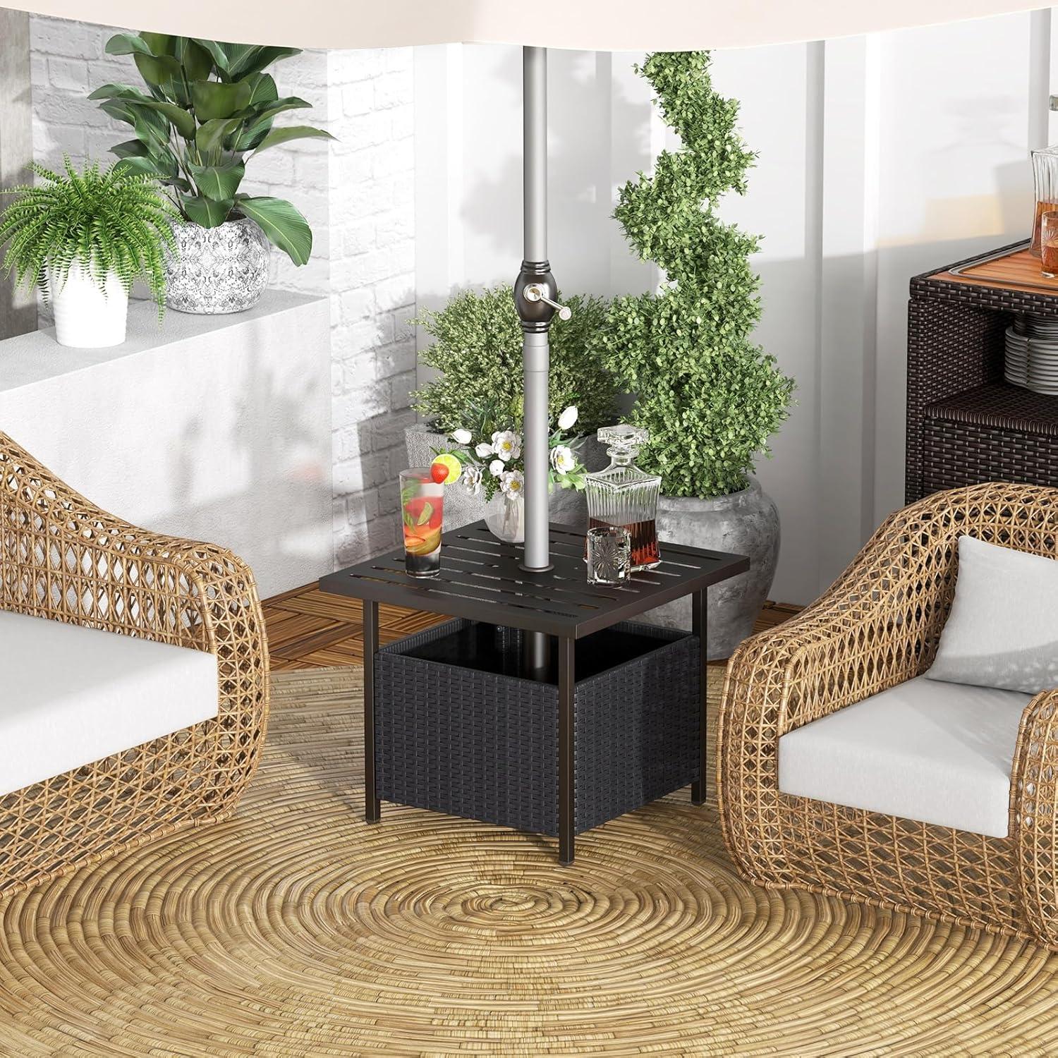 image:imageGiantex Outdoor Side Table with Umbrella Hole 22 Wicker Umbrella Table with Stand and Base WeatherResistant PE Rattan Patio End Table for Deck Garden Poolside Metal Tabletop Light GrayBlack