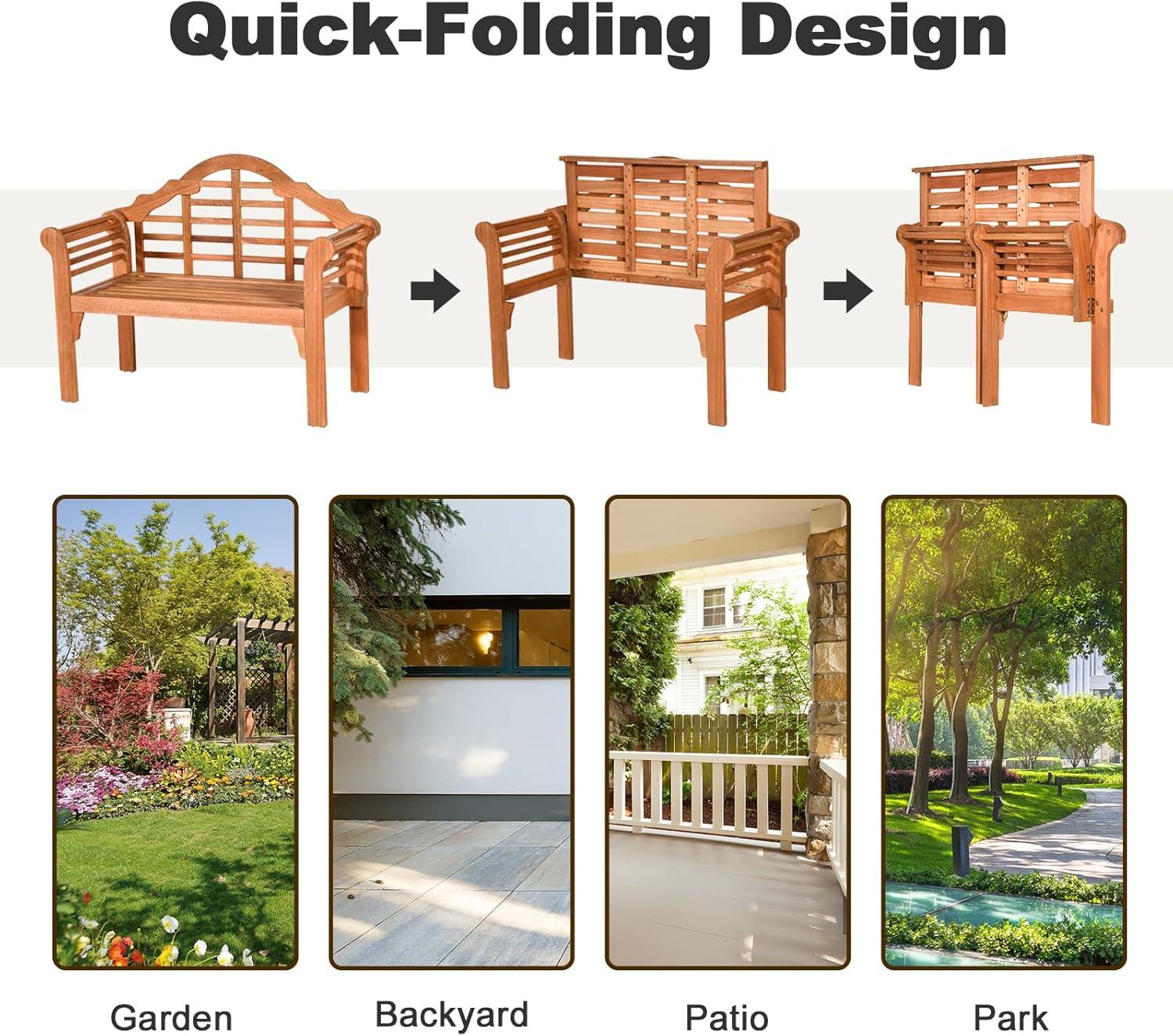 image:imageGiantex Outdoor Wood Bench 4 Ft Foldable Eucalyptus Garden Bench Two Person Loveseat Chair Solid with Curved Backrest and Armrest Ideal for Patio Porch or Balcony TeakTeak