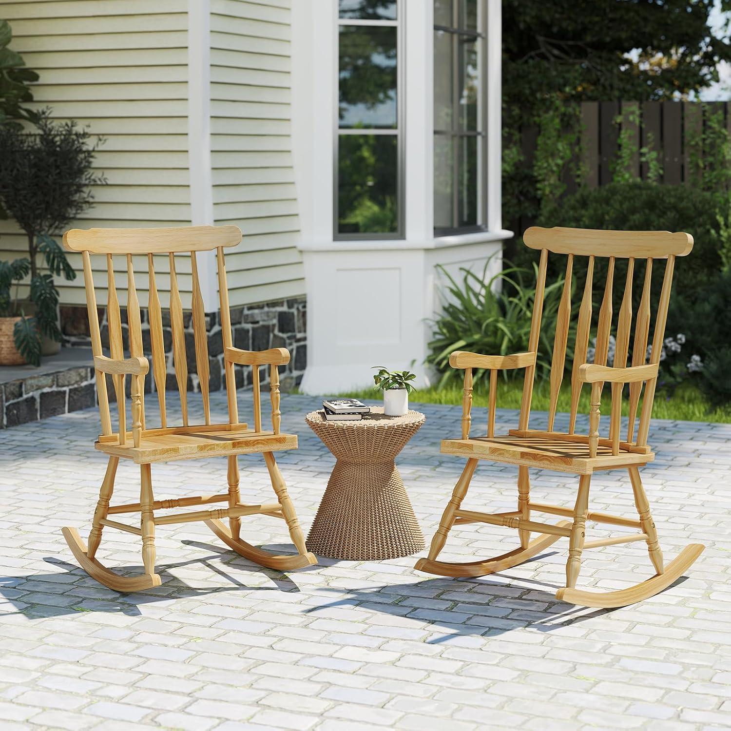 image:imageGiantex Outdoor Wood Rocking Chair Patio Rocking Chair with Solid Rubber Wood Frame Slat Back Outside amp Indoor Rocker for Garden Poolside Balcony Backyard Lawn Front Porch Rocker NaturalNatural