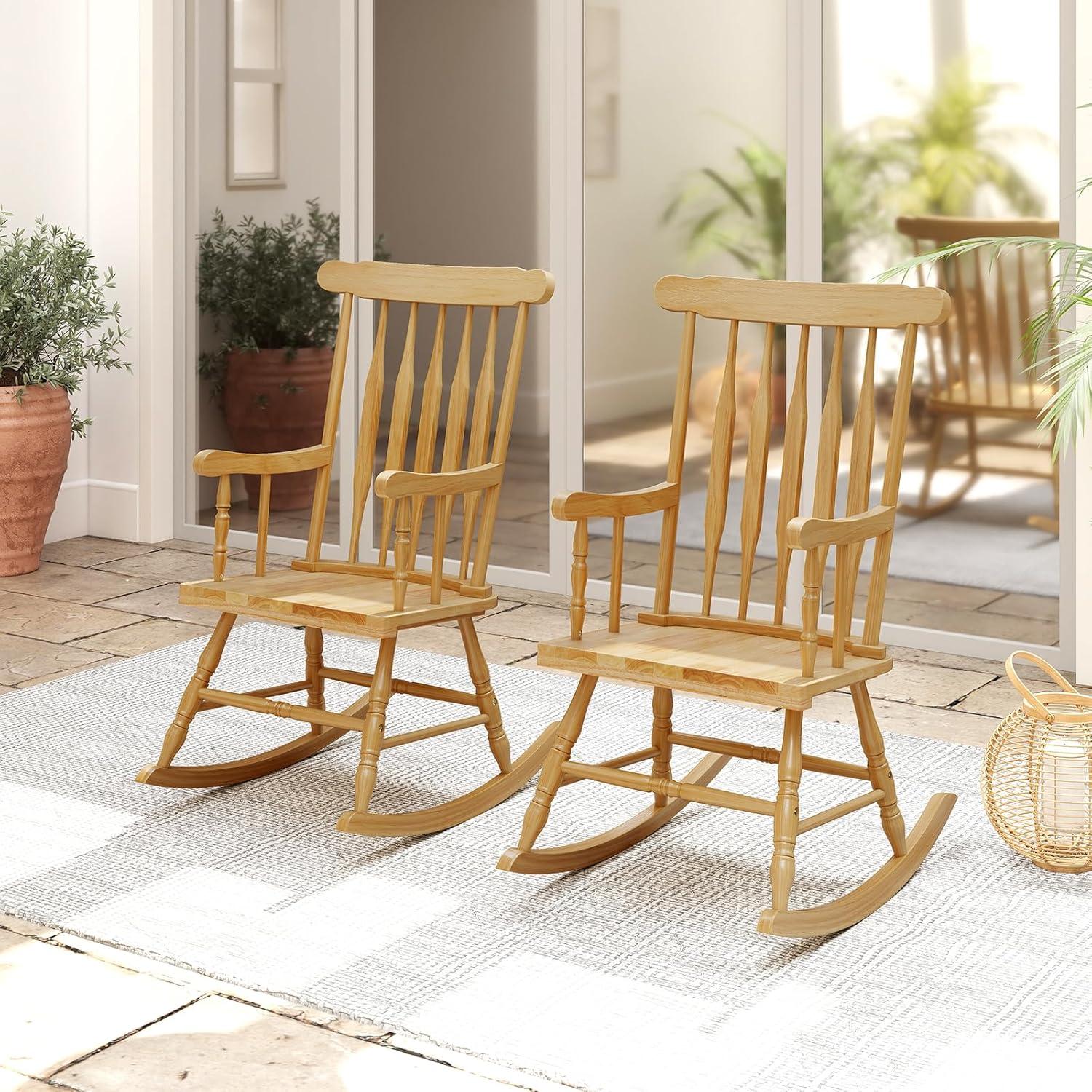 image:imageGiantex Outdoor Wood Rocking Chair Patio Rocking Chair with Solid Rubber Wood Frame Slat Back Outside amp Indoor Rocker for Garden Poolside Balcony Backyard Lawn Front Porch Rocker NaturalNatural