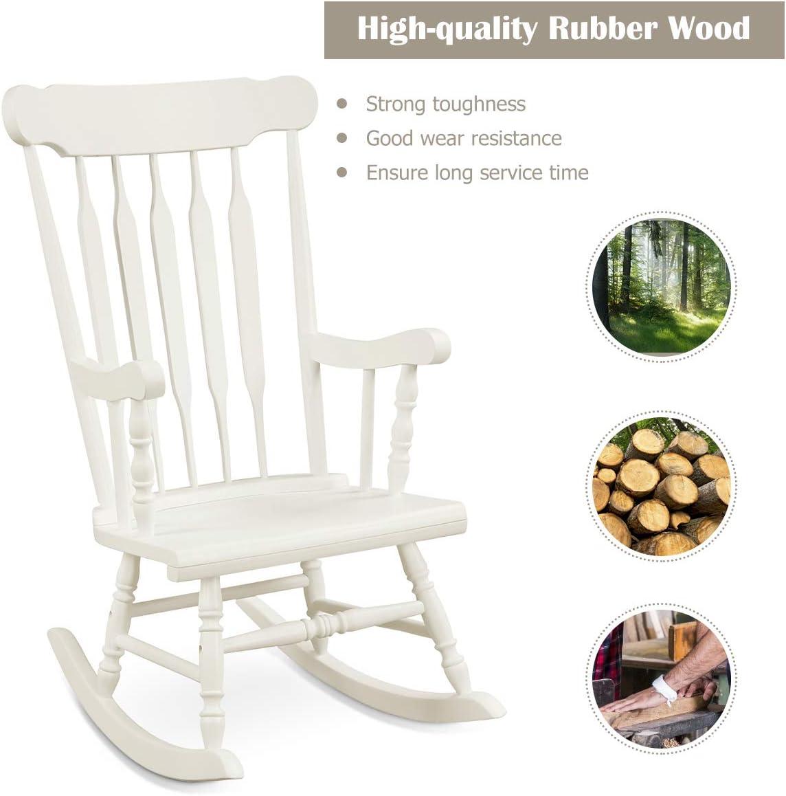 image:imageGiantex Outdoor Wood Rocking Chair Patio Rocking Chair with Solid Rubber Wood Frame Slat Back Outside amp Indoor Rocker for Garden Poolside Balcony Backyard Lawn Front Porch Rocker NaturalWhite
