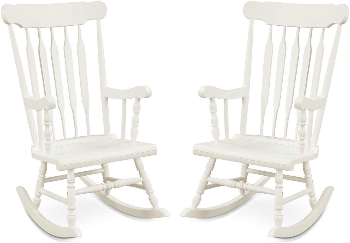 image:imageGiantex Outdoor Wood Rocking Chair Patio Rocking Chair with Solid Rubber Wood Frame Slat Back Outside amp Indoor Rocker for Garden Poolside Balcony Backyard Lawn Front Porch Rocker NaturalWhite
