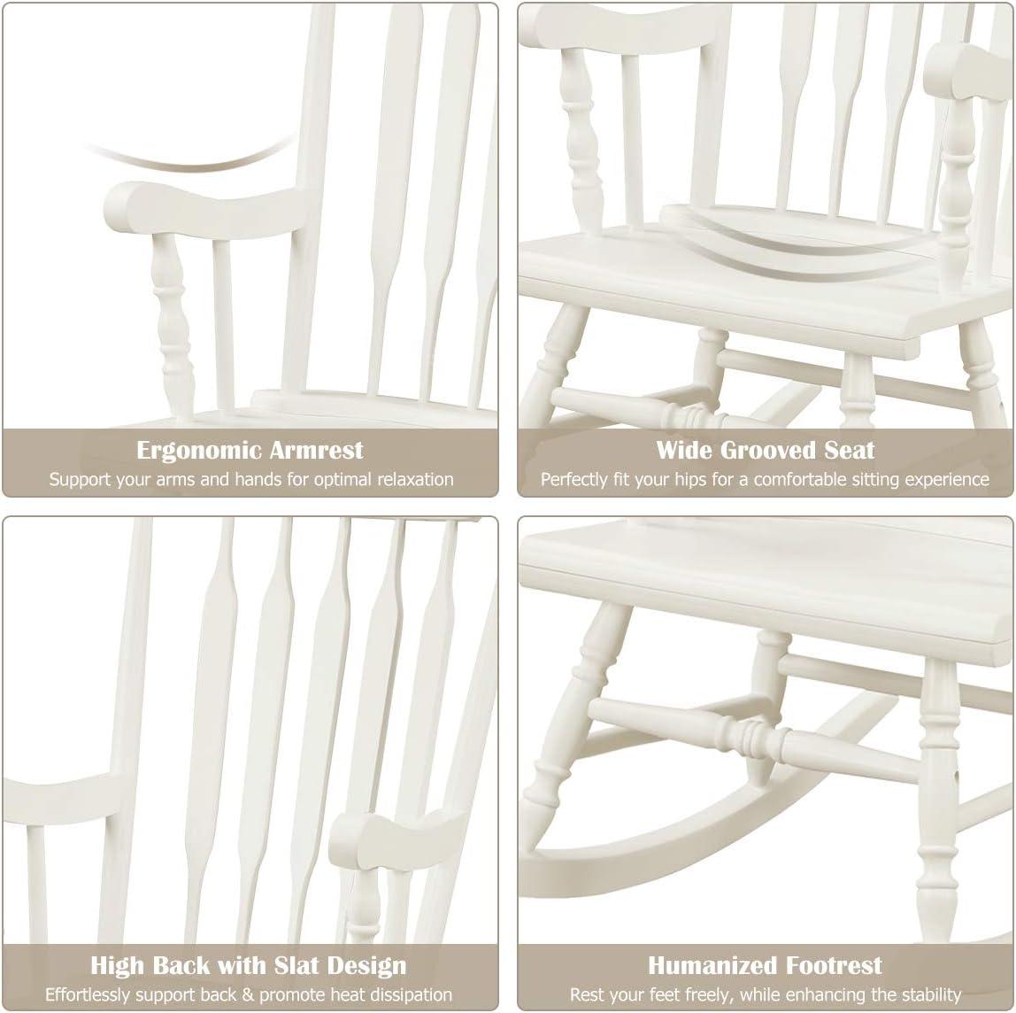 image:imageGiantex Outdoor Wood Rocking Chair Patio Rocking Chair with Solid Rubber Wood Frame Slat Back Outside amp Indoor Rocker for Garden Poolside Balcony Backyard Lawn Front Porch Rocker NaturalWhite