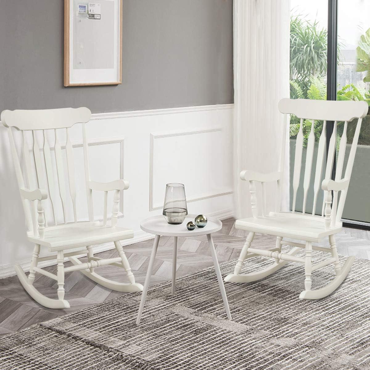 image:imageGiantex Outdoor Wood Rocking Chair Patio Rocking Chair with Solid Rubber Wood Frame Slat Back Outside amp Indoor Rocker for Garden Poolside Balcony Backyard Lawn Front Porch Rocker NaturalWhite