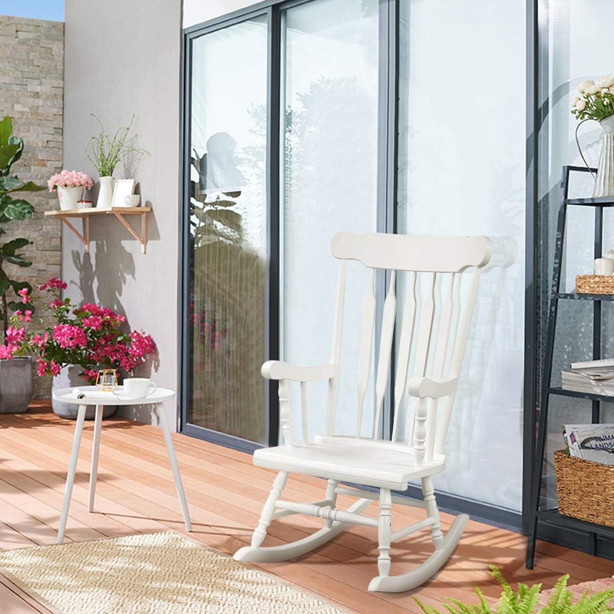 image:imageGiantex Outdoor Wood Rocking Chair Patio Rocking Chair with Solid Rubber Wood Frame Slat Back Outside amp Indoor Rocker for Garden Poolside Balcony Backyard Lawn Front Porch Rocker NaturalWhite
