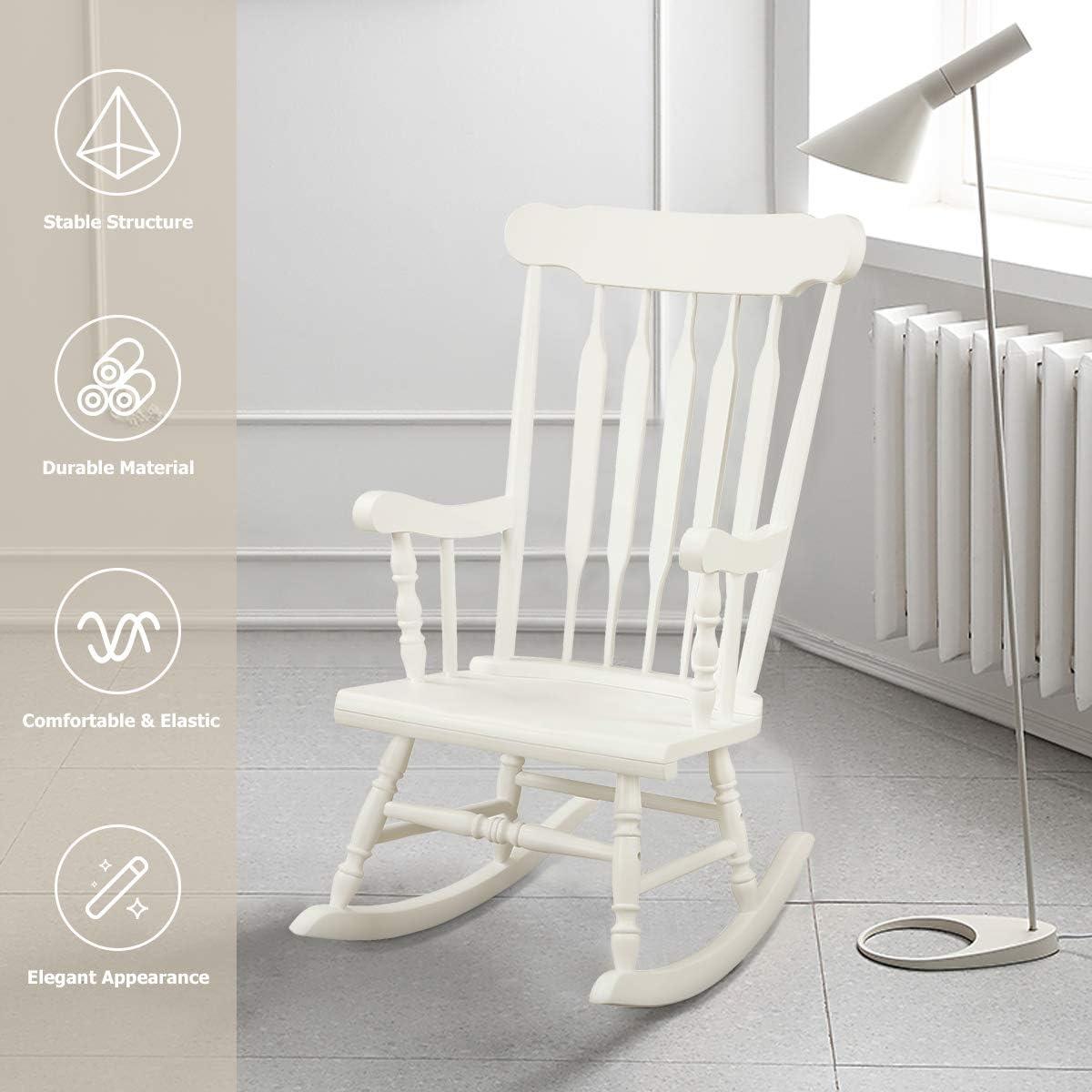 image:imageGiantex Outdoor Wood Rocking Chair Patio Rocking Chair with Solid Rubber Wood Frame Slat Back Outside amp Indoor Rocker for Garden Poolside Balcony Backyard Lawn Front Porch Rocker NaturalWhite