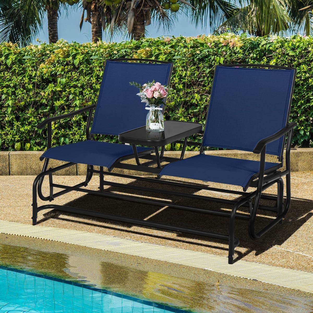 image:imageGiantex Patio Bench Glider Chair with Metal Frame Center Tempered Glass Table Outside Double Rocking Swing Loveseat for Porch Garden Poolside Balcony Lawn Rocker Outdoor Glider BenchGrayNavy