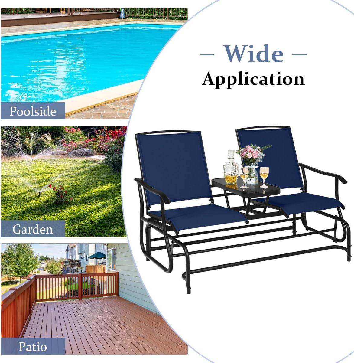 image:imageGiantex Patio Bench Glider Chair with Metal Frame Center Tempered Glass Table Outside Double Rocking Swing Loveseat for Porch Garden Poolside Balcony Lawn Rocker Outdoor Glider BenchGrayNavy