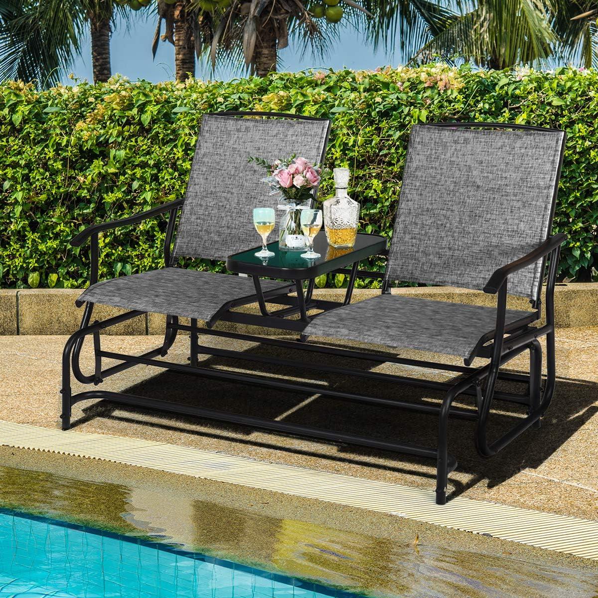 image:imageGiantex Patio Bench Glider Chair with Metal Frame Center Tempered Glass Table Outside Double Rocking Swing Loveseat for Porch Garden Poolside Balcony Lawn Rocker Outdoor Glider BenchGrayGrey
