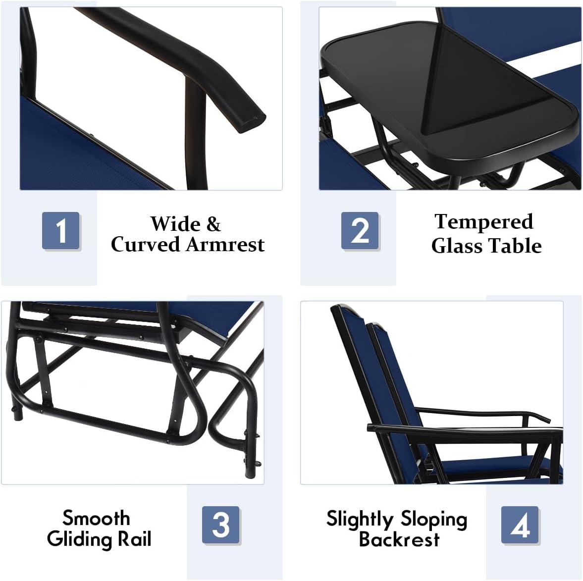 image:imageGiantex Patio Bench Glider Chair with Metal Frame Center Tempered Glass Table Outside Double Rocking Swing Loveseat for Porch Garden Poolside Balcony Lawn Rocker Outdoor Glider BenchGrayNavy