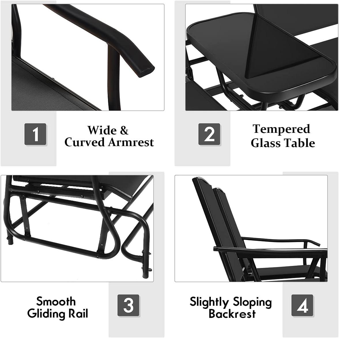 image:imageGiantex Patio Bench Glider Chair with Metal Frame Center Tempered Glass Table Outside Double Rocking Swing Loveseat for Porch Garden Poolside Balcony Lawn Rocker Outdoor Glider BenchGrayBlack
