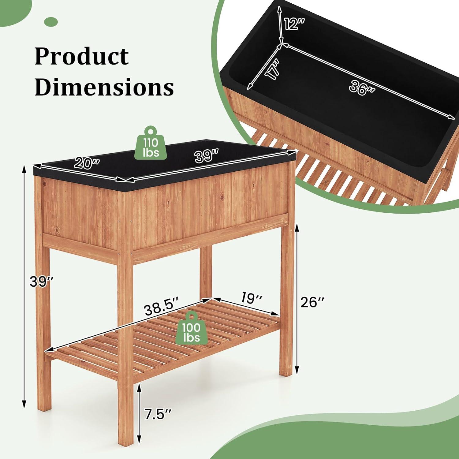 image:imageGiantex Raised Garden Bed Outdoor Elevated Fir Wood Garden Box with Legs Bottom Storage Shelf amp Protective Liner Planter Raised Bed for Gardening Fruit Vegetables Herbs 39 Lx20 Wx39 HReddish Brown