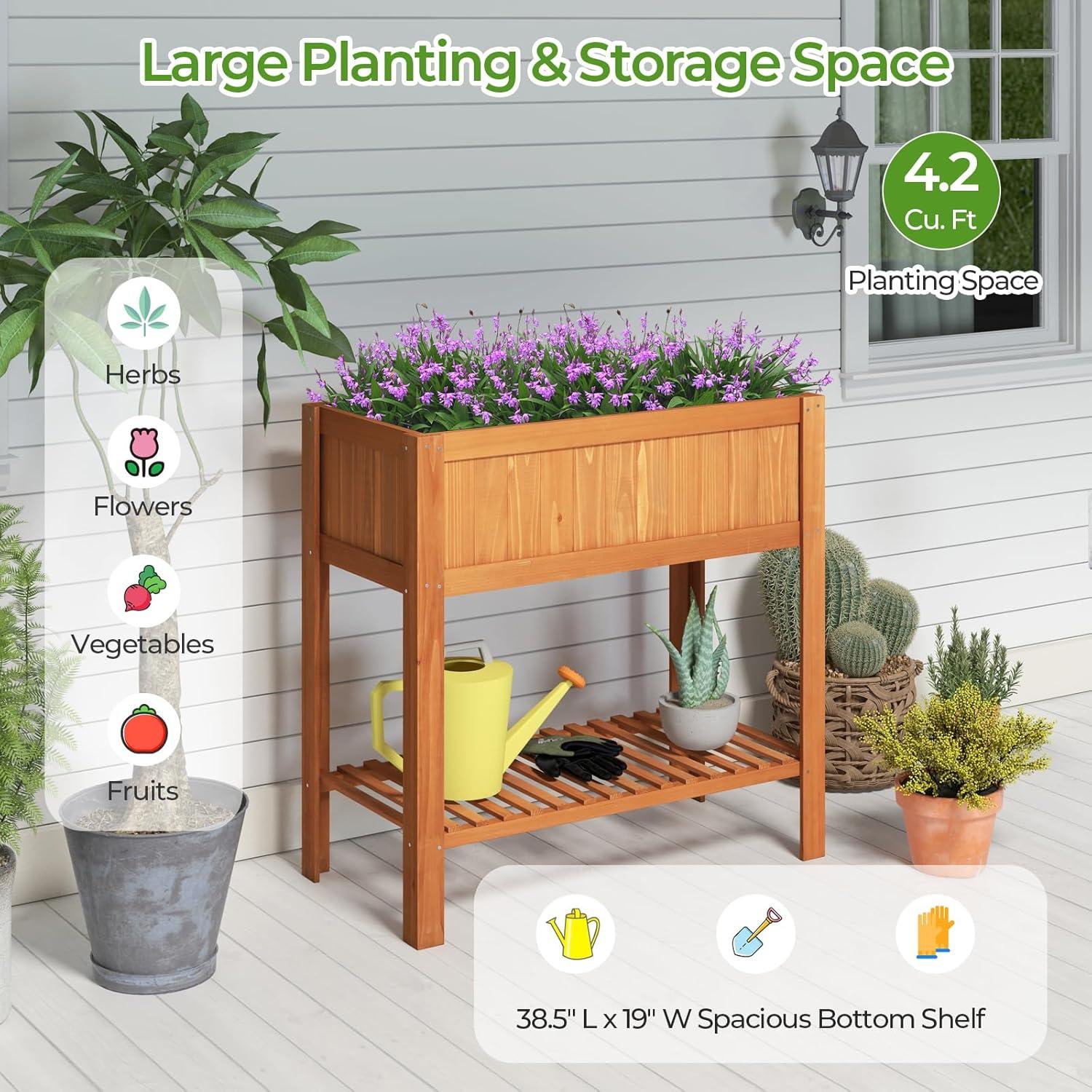 image:imageGiantex Raised Garden Bed Outdoor Elevated Fir Wood Garden Box with Legs Bottom Storage Shelf amp Protective Liner Planter Raised Bed for Gardening Fruit Vegetables Herbs 39 Lx20 Wx39 HCeder Brown