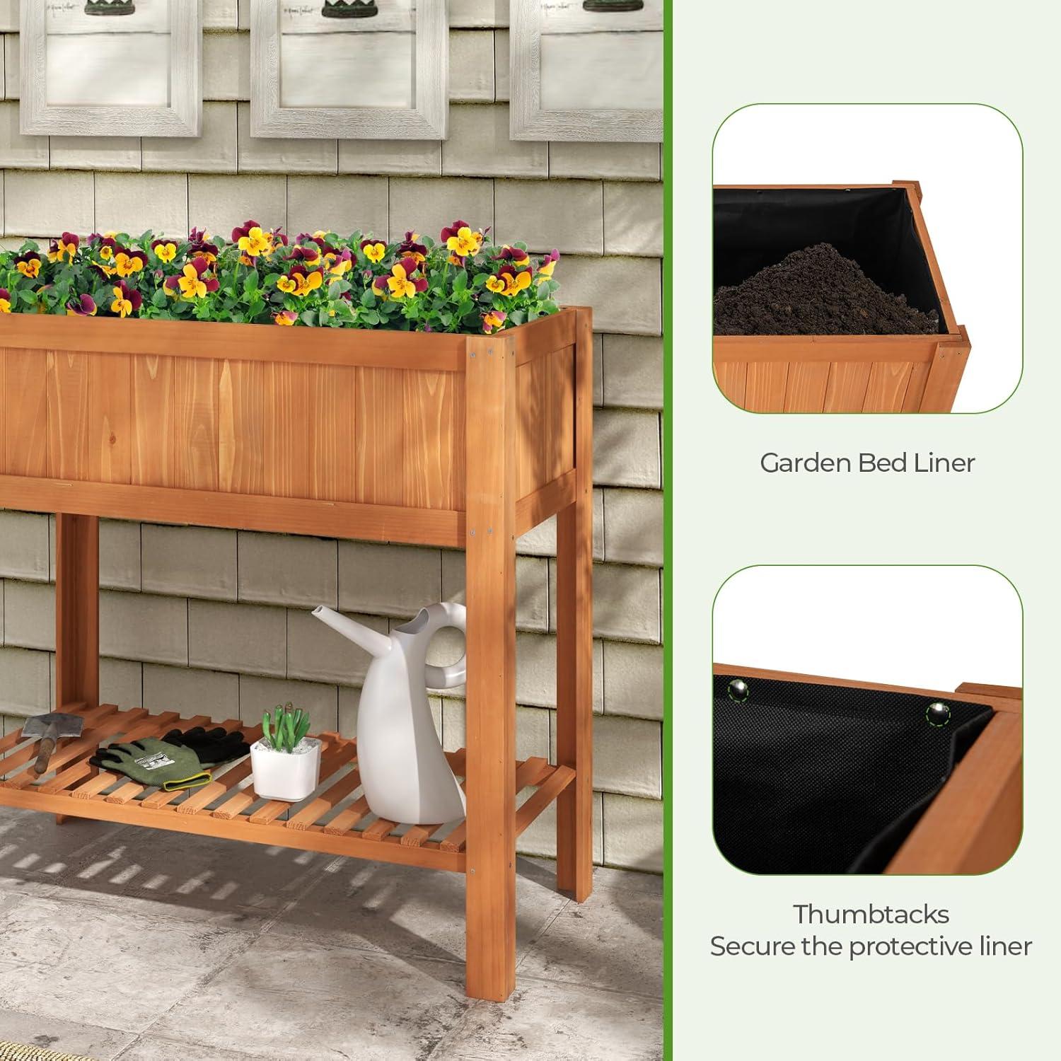 image:imageGiantex Raised Garden Bed Outdoor Elevated Fir Wood Garden Box with Legs Bottom Storage Shelf amp Protective Liner Planter Raised Bed for Gardening Fruit Vegetables Herbs 39 Lx20 Wx39 HCeder Brown