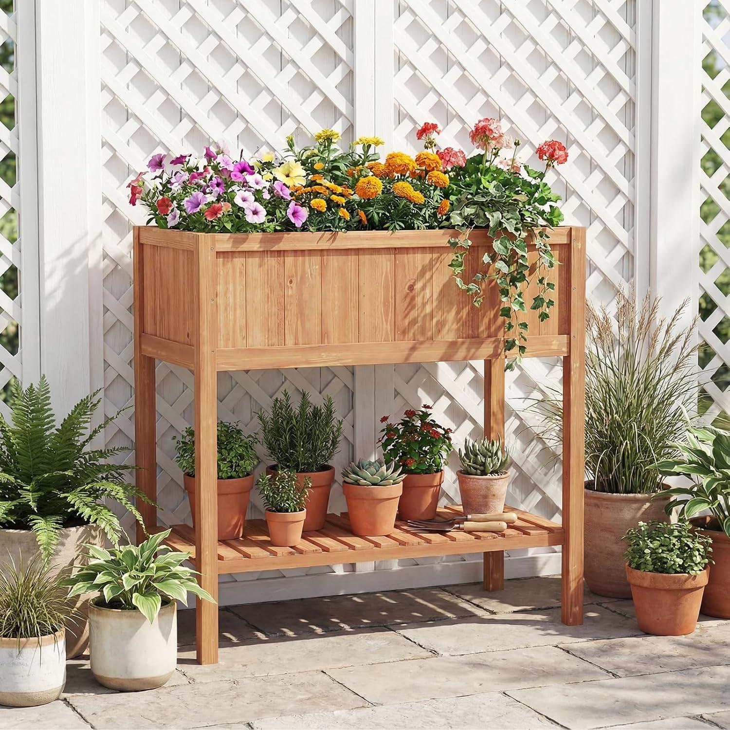 image:imageGiantex Raised Garden Bed Outdoor Elevated Fir Wood Garden Box with Legs Bottom Storage Shelf amp Protective Liner Planter Raised Bed for Gardening Fruit Vegetables Herbs 39 Lx20 Wx39 HReddish Brown