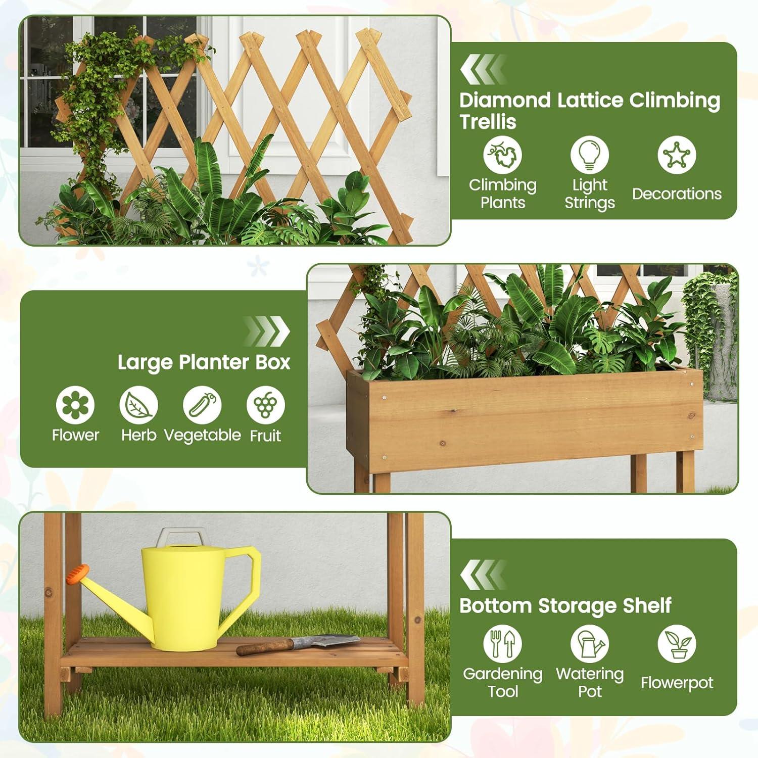image:imageGiantex Raised Garden Bed on Wheels Rolling Planter Boxes with Trellis Storage Shelf amp Black Liner Indoor Outdoor Wood Raised Bed for Flower Climbing Vine 36x12x51