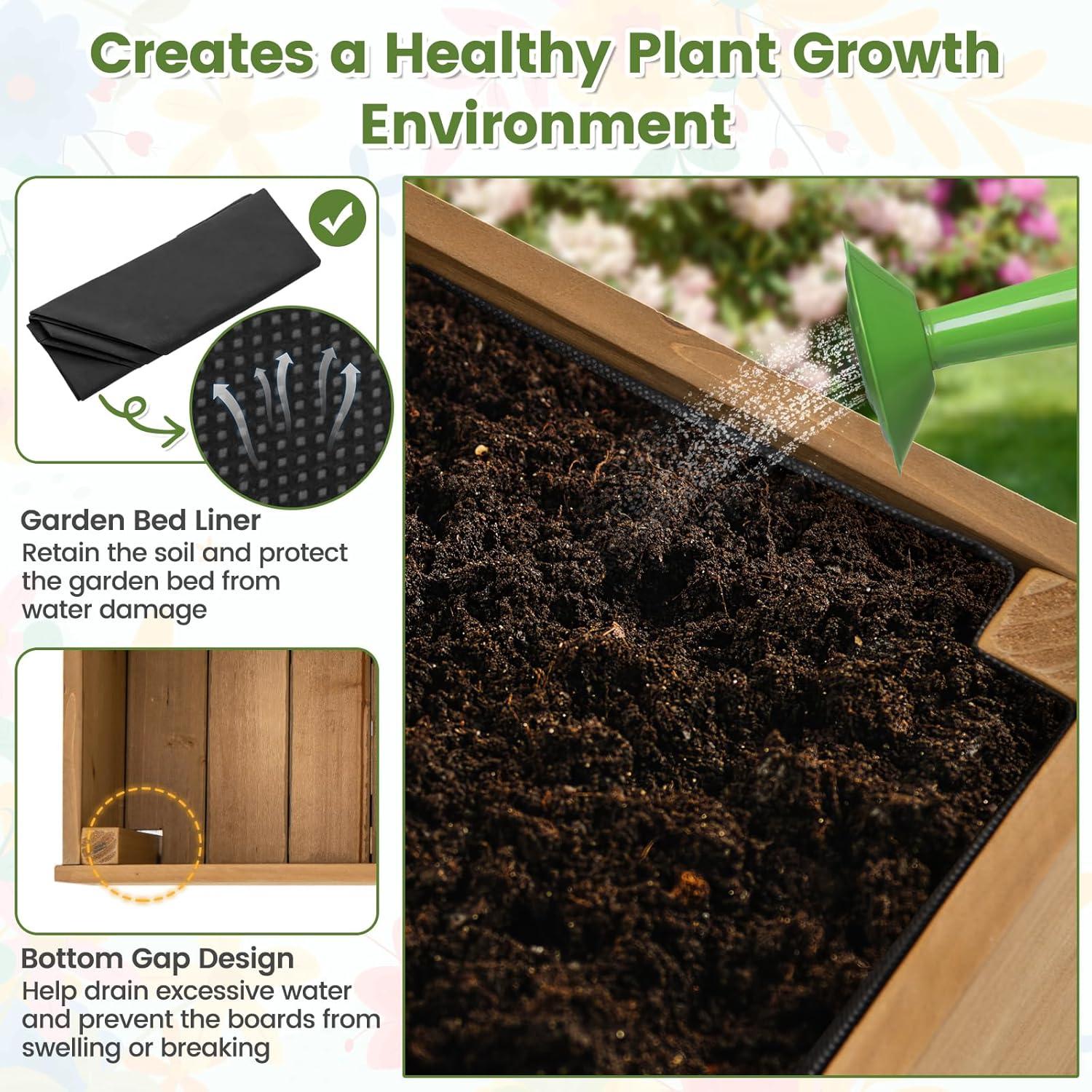 image:imageGiantex Raised Garden Bed on Wheels Rolling Planter Boxes with Trellis Storage Shelf amp Black Liner Indoor Outdoor Wood Raised Bed for Flower Climbing Vine 36x12x51