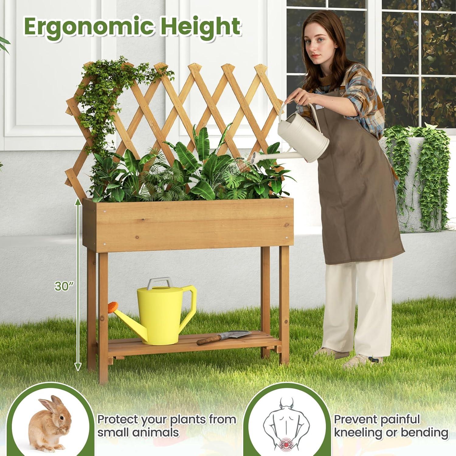 image:imageGiantex Raised Garden Bed on Wheels Rolling Planter Boxes with Trellis Storage Shelf amp Black Liner Indoor Outdoor Wood Raised Bed for Flower Climbing Vine 36x12x51