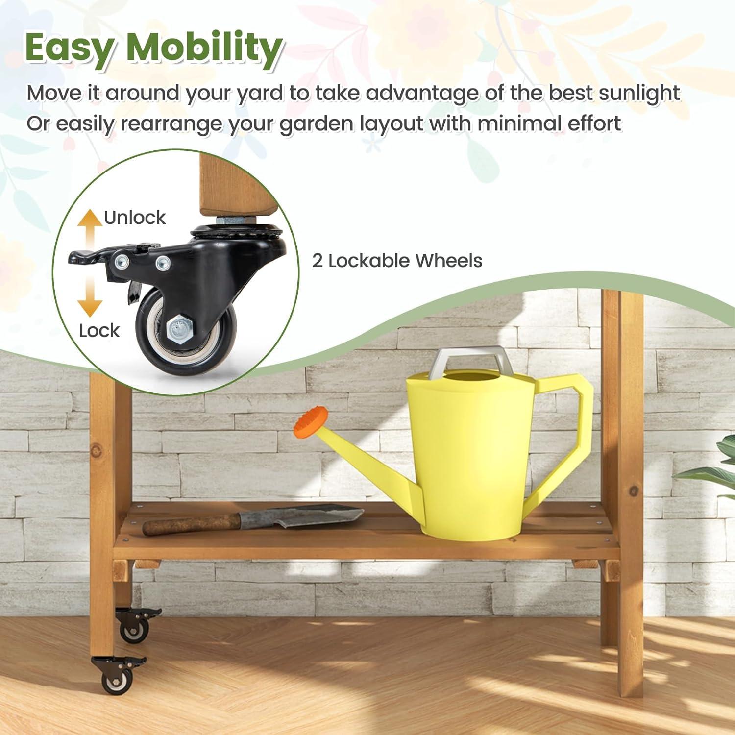 image:imageGiantex Raised Garden Bed on Wheels Rolling Planter Boxes with Trellis Storage Shelf amp Black Liner Indoor Outdoor Wood Raised Bed for Flower Climbing Vine 36x12x51