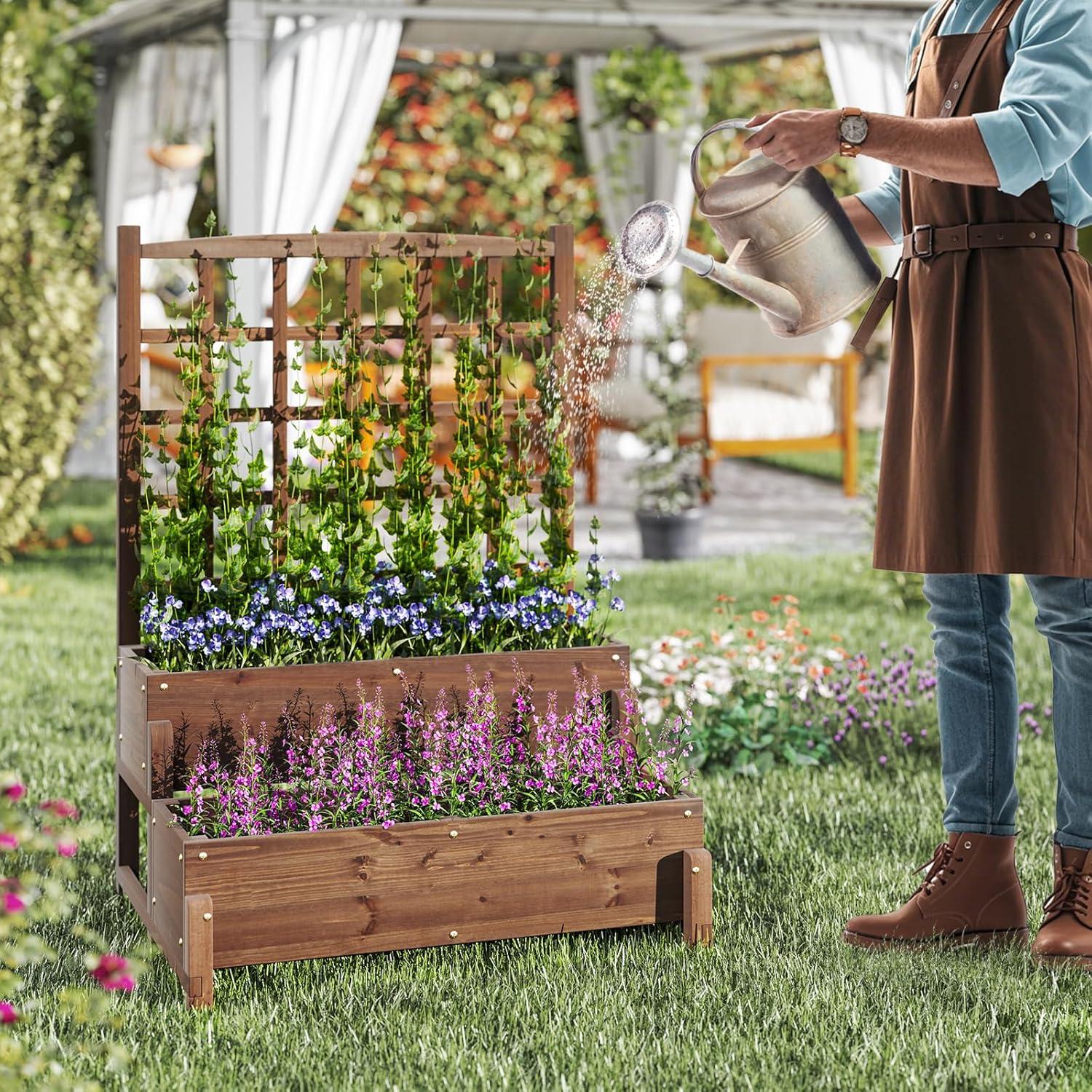 image:imageGiantex Raised Garden Bed with Legs and Trellis 2Tier Standing Planter Box with Drain Holes Outdoor Elevated Garden Trellis for Vine Climbing Flower Vegetable Fruit Herb Growing Rustic Brown1