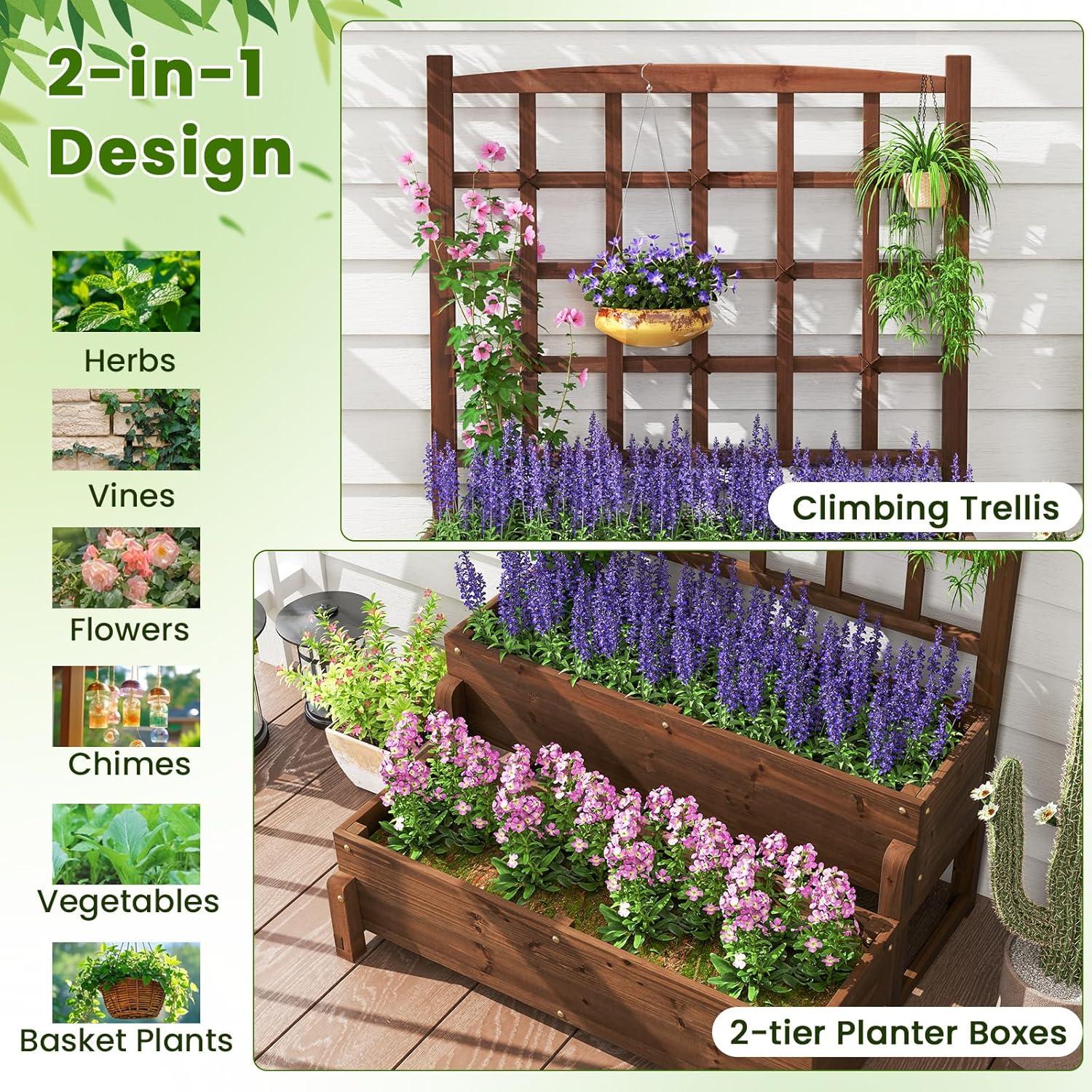 image:imageGiantex Raised Garden Bed with Legs and Trellis 2Tier Standing Planter Box with Drain Holes Outdoor Elevated Garden Trellis for Vine Climbing Flower Vegetable Fruit Herb Growing Rustic Brown1