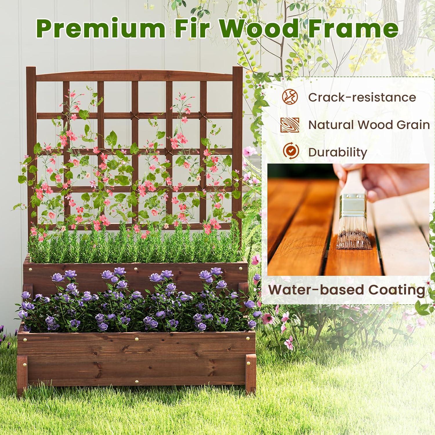 image:imageGiantex Raised Garden Bed with Legs and Trellis 2Tier Standing Planter Box with Drain Holes Outdoor Elevated Garden Trellis for Vine Climbing Flower Vegetable Fruit Herb Growing Rustic Brown1