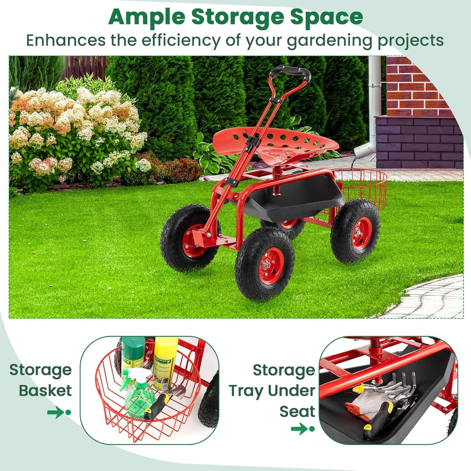 image:imageGiantex Rolling Garden Cart with Seat 4Wheel Gardening Workseat with Storage Basket Swivel Stool Adjustable Seat Steering Handle Garden Utility Cart Steel Frame GreenRed