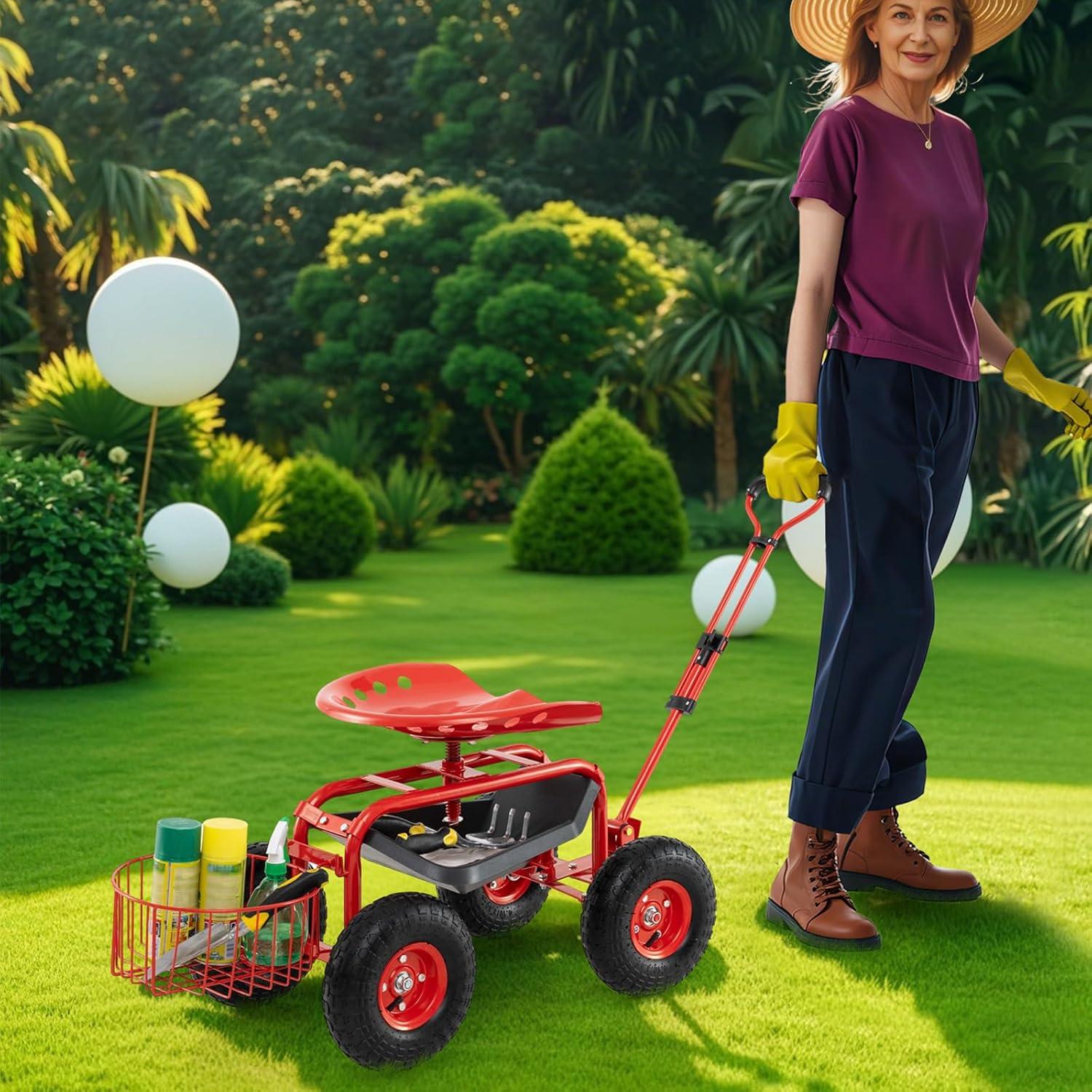 image:imageGiantex Rolling Garden Cart with Seat 4Wheel Gardening Workseat with Storage Basket Swivel Stool Adjustable Seat Steering Handle Garden Utility Cart Steel Frame GreenRed