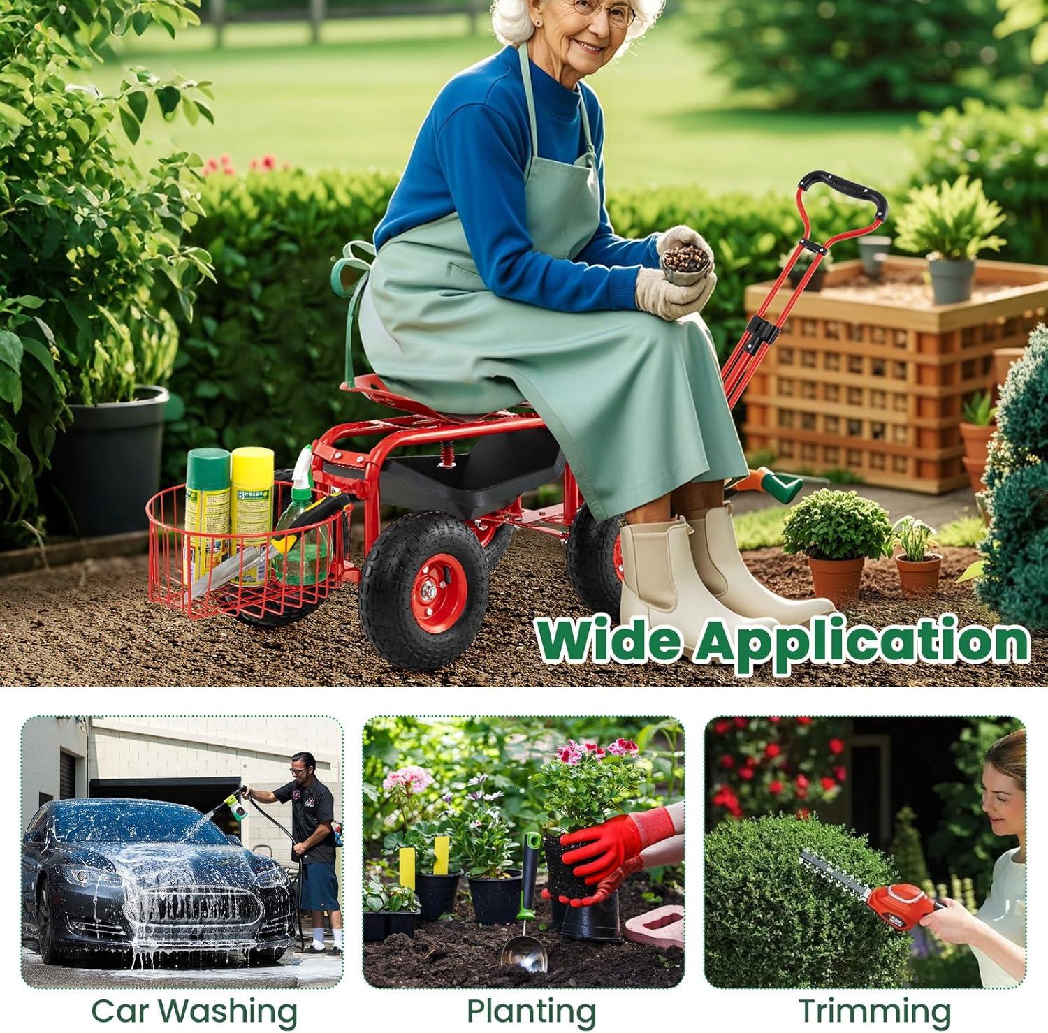 image:imageGiantex Rolling Garden Cart with Seat 4Wheel Gardening Workseat with Storage Basket Swivel Stool Adjustable Seat Steering Handle Garden Utility Cart Steel Frame GreenRed