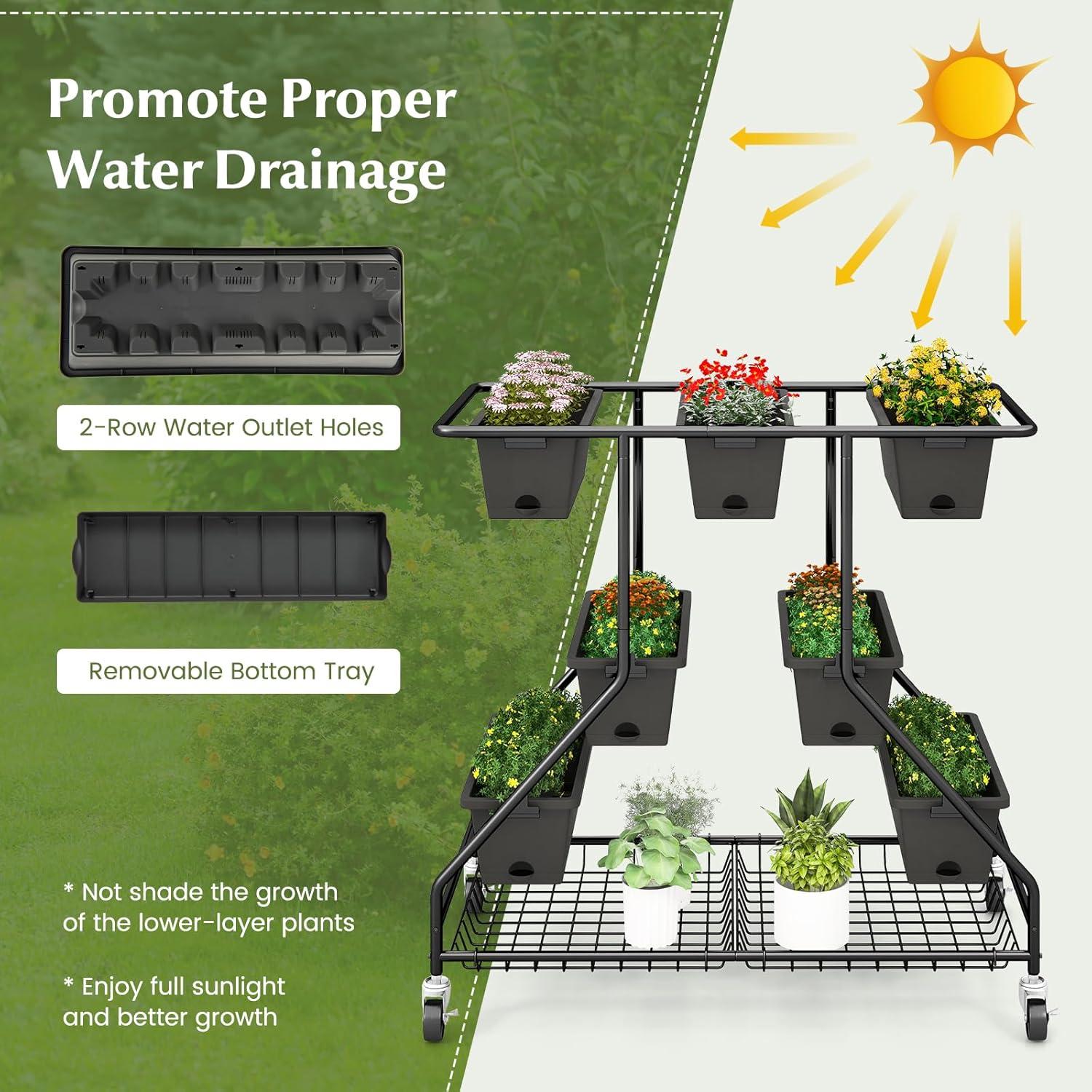 image:imageGiantex Rolling Raised Garden Bed w 7 Planter Boxes Storage Baskets Drainage Holes 4 Lockable Casters 3Tier Freestanding Elevated Planter for Strawberry Vegetable Flower Herb