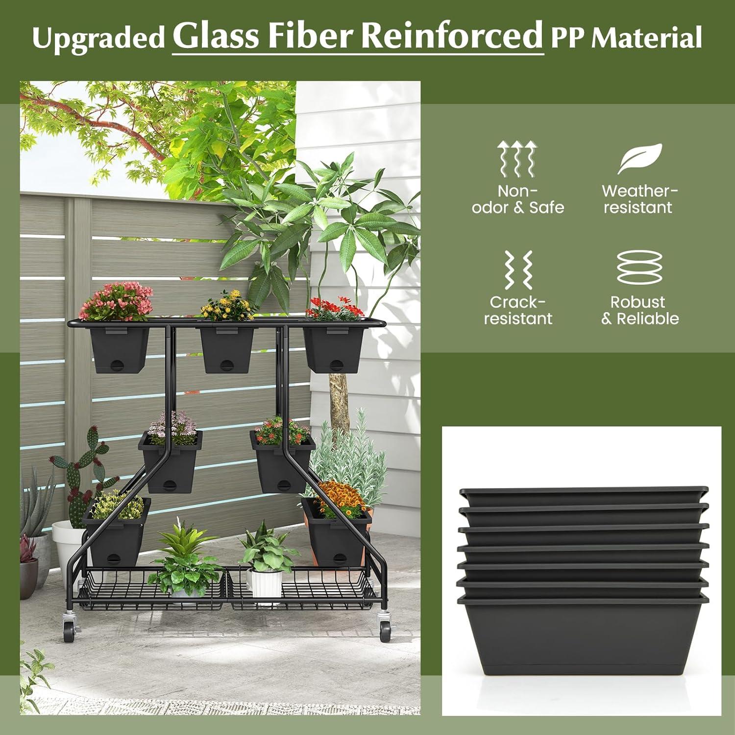 image:imageGiantex Rolling Raised Garden Bed w 7 Planter Boxes Storage Baskets Drainage Holes 4 Lockable Casters 3Tier Freestanding Elevated Planter for Strawberry Vegetable Flower Herb