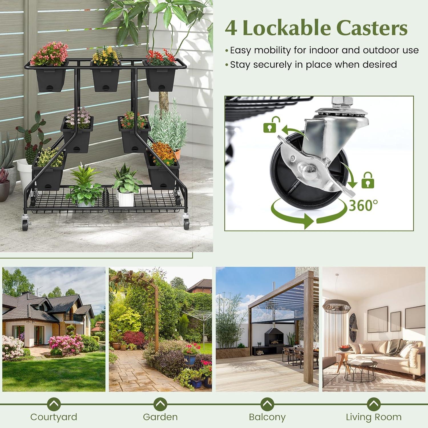 image:imageGiantex Rolling Raised Garden Bed w 7 Planter Boxes Storage Baskets Drainage Holes 4 Lockable Casters 3Tier Freestanding Elevated Planter for Strawberry Vegetable Flower Herb