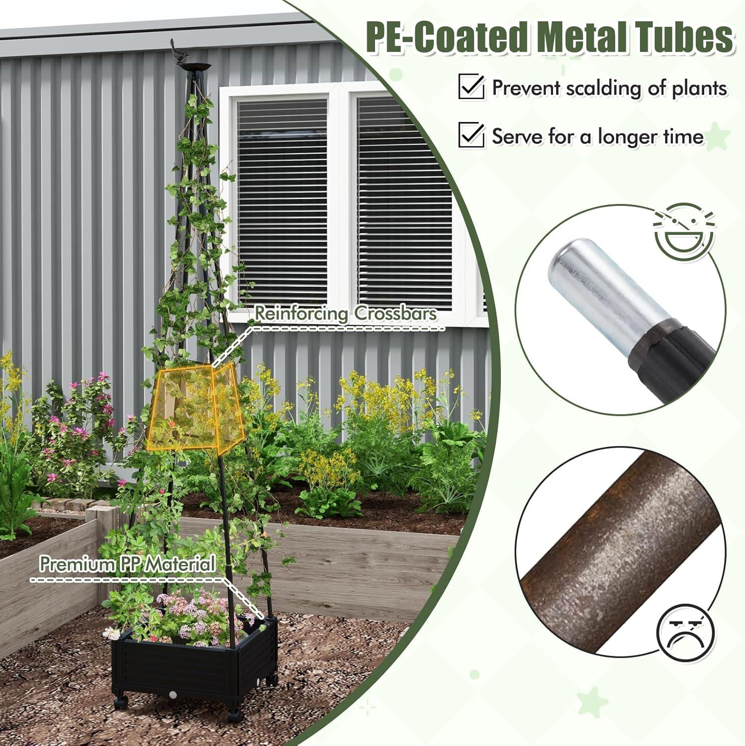 image:imageGiantex Rolling Raised Garden Bed with Climbing Trellis Obelisk amp Bird Top 11 Fasten Straps Gloves Planter Garden Boxes on Wheels SelfWatering System PECoated Metal Rack2
