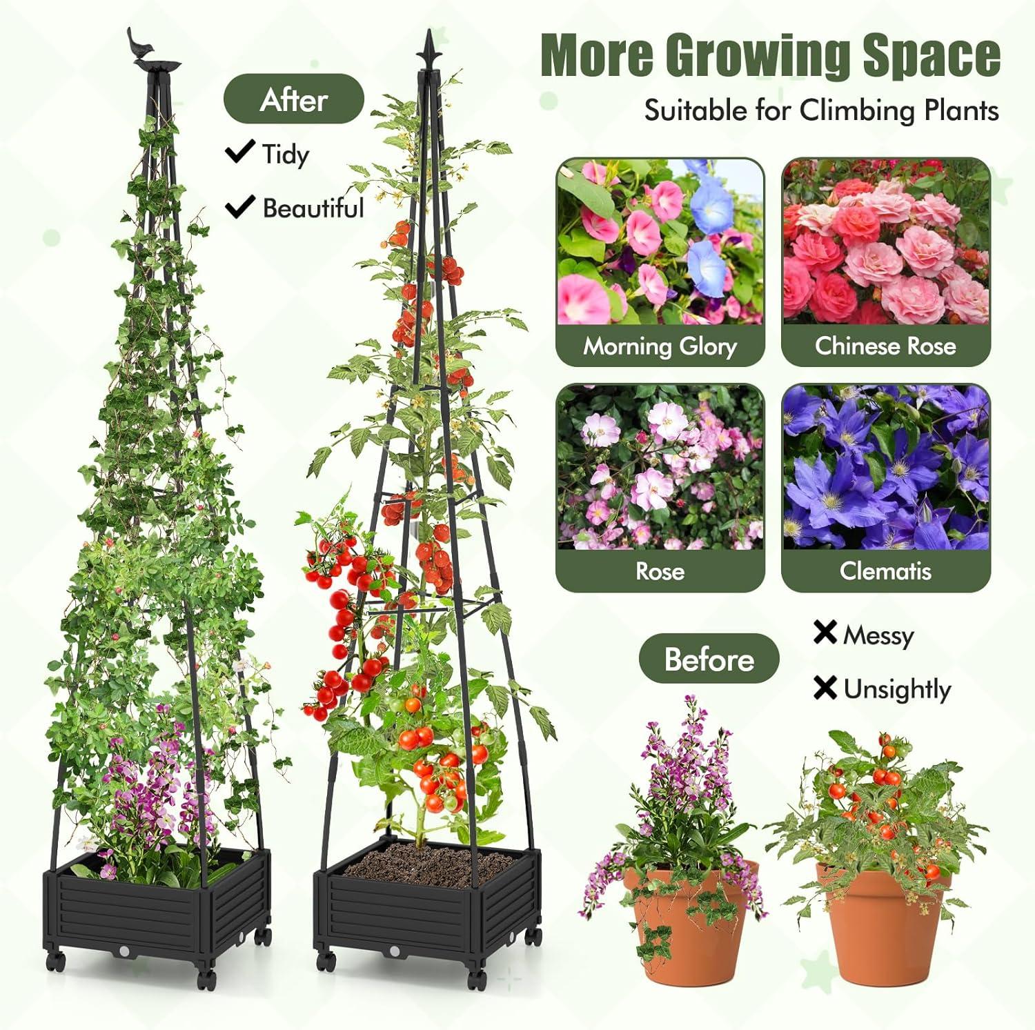 image:imageGiantex Rolling Raised Garden Bed with Climbing Trellis Obelisk amp Bird Top 11 Fasten Straps Gloves Planter Garden Boxes on Wheels SelfWatering System PECoated Metal Rack1