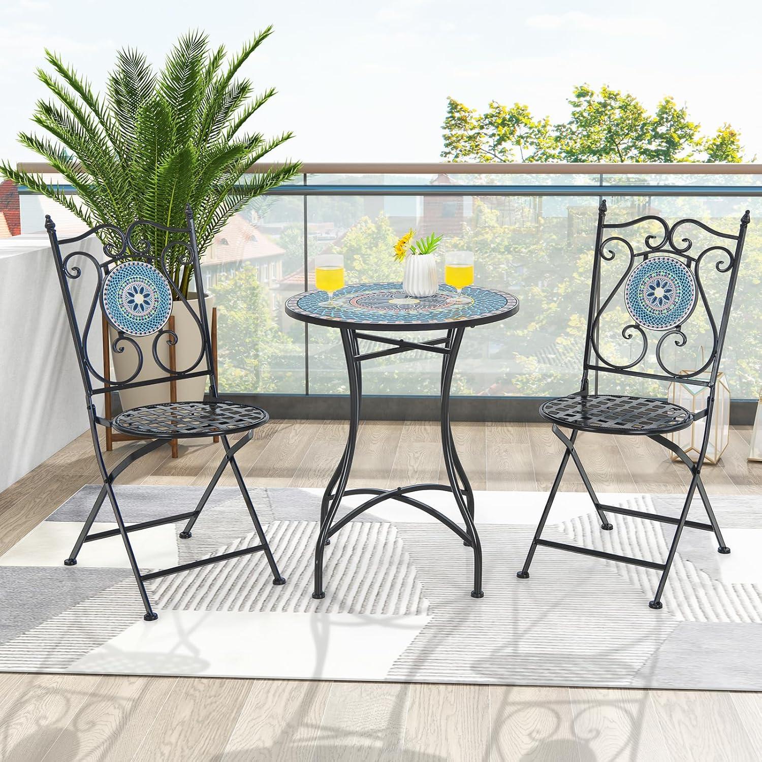image:imageGiantex Set of 2 Patio Folding Chairs Mosaic Bistro Chairs wBackrest amp Round Seat HeavyDuty Metal Frame 330lbs Capacity Outdoor Use for Porch Balcony LawnMulticolor Floral Pattern