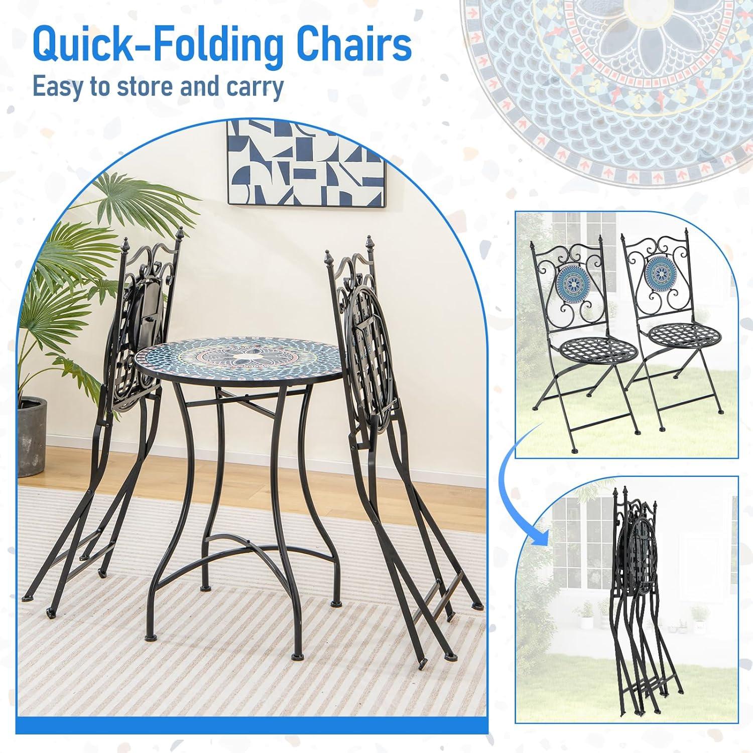 image:imageGiantex Set of 2 Patio Folding Chairs Mosaic Bistro Chairs wBackrest amp Round Seat HeavyDuty Metal Frame 330lbs Capacity Outdoor Use for Porch Balcony LawnMulticolor Floral Pattern