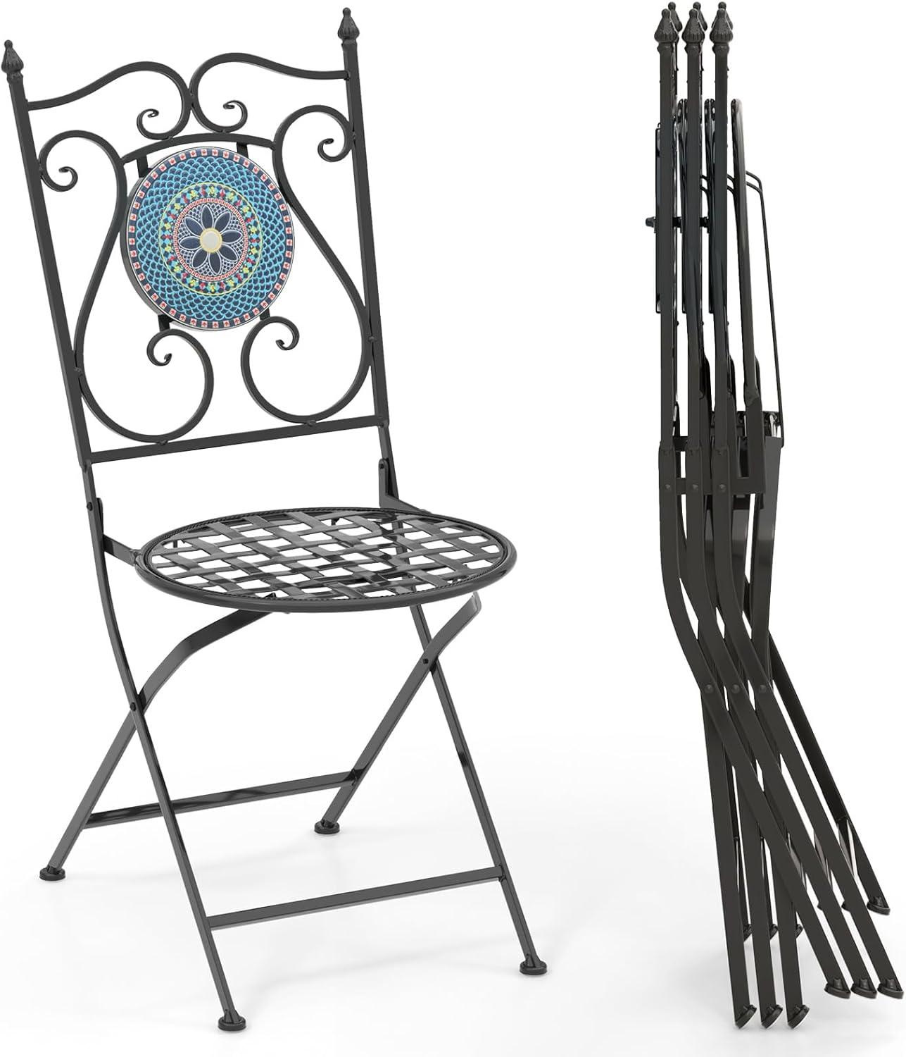 image:imageGiantex Set of 2 Patio Folding Chairs Mosaic Bistro Chairs wBackrest amp Round Seat HeavyDuty Metal Frame 330lbs Capacity Outdoor Use for Porch Balcony LawnMulticolor Floral Pattern
