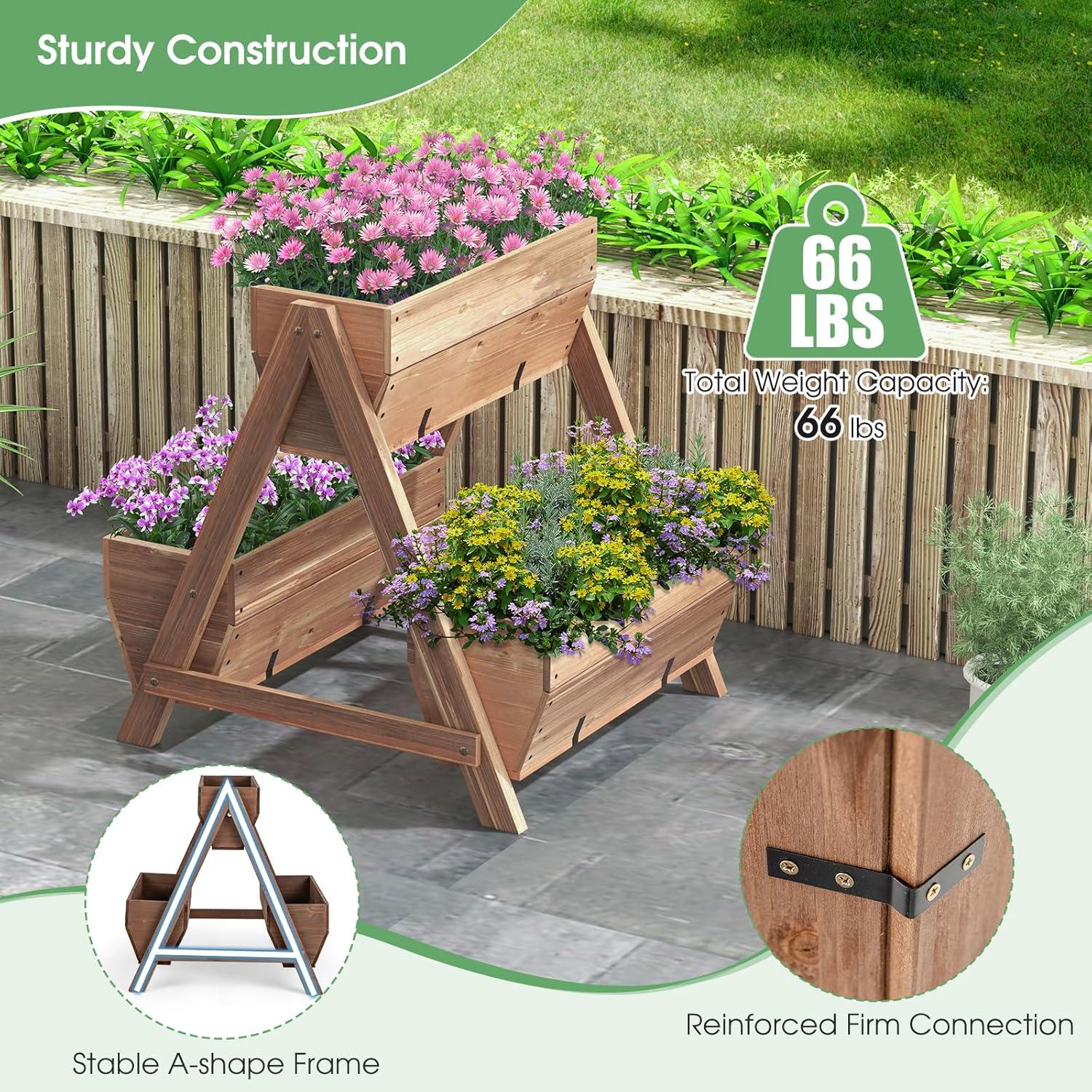image:imageGiantex Vertical Raised Garden Bed 3 Wood Planter Boxes for Flower Vegetable Fruit Herb Freestanding Garden Planter with Drain Holes Elevated Raised Beds for Indoor Outdoor Lawn Patio Yard Brown26x29x29