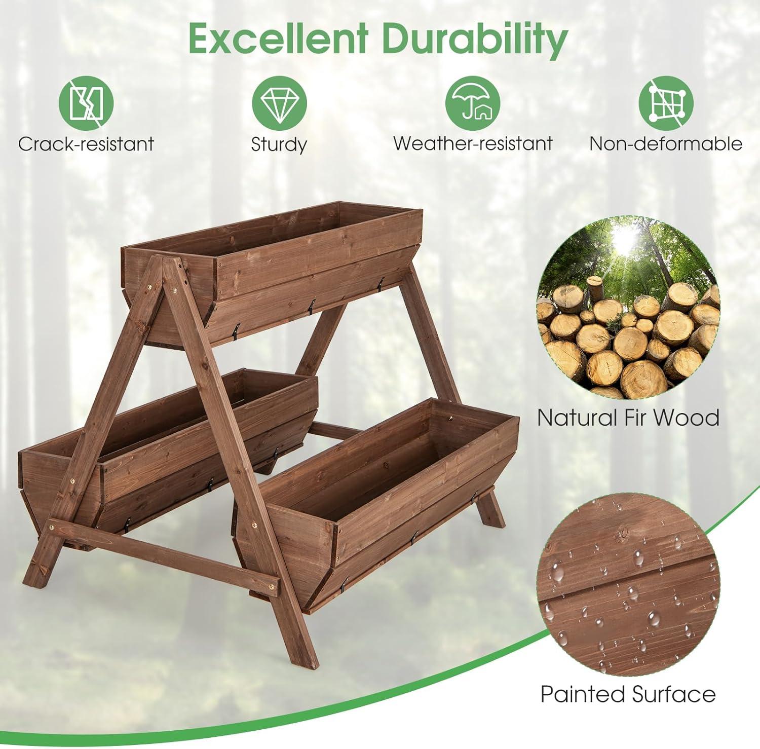image:imageGiantex Vertical Raised Garden Bed 3 Wood Planter Boxes for Flower Vegetable Fruit Herb Freestanding Garden Planter with Drain Holes Elevated Raised Beds for Indoor Outdoor Lawn Patio Yard Brown44x36x 35