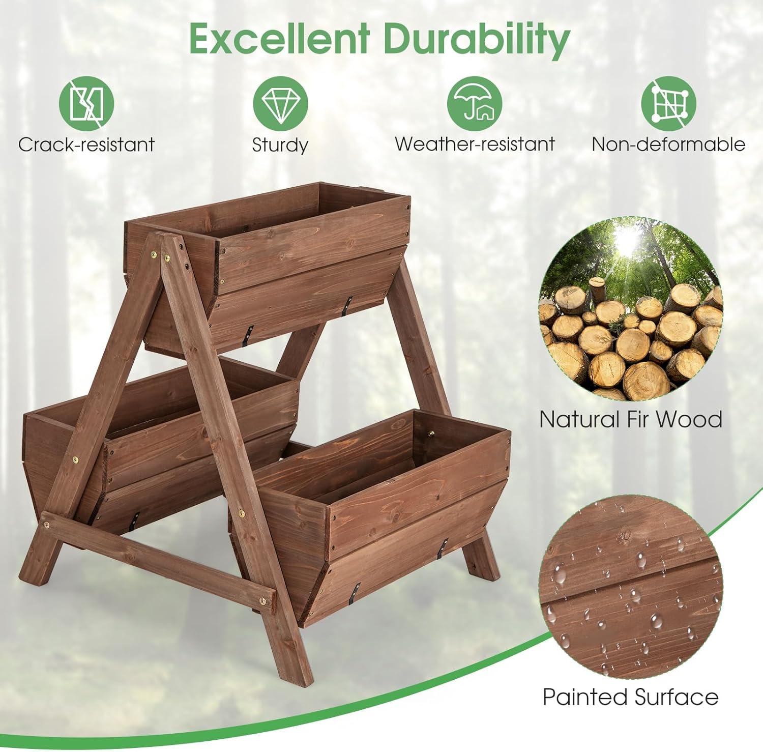 image:imageGiantex Vertical Raised Garden Bed 3 Wood Planter Boxes for Flower Vegetable Fruit Herb Freestanding Garden Planter with Drain Holes Elevated Raised Beds for Indoor Outdoor Lawn Patio Yard Brown26x29x29