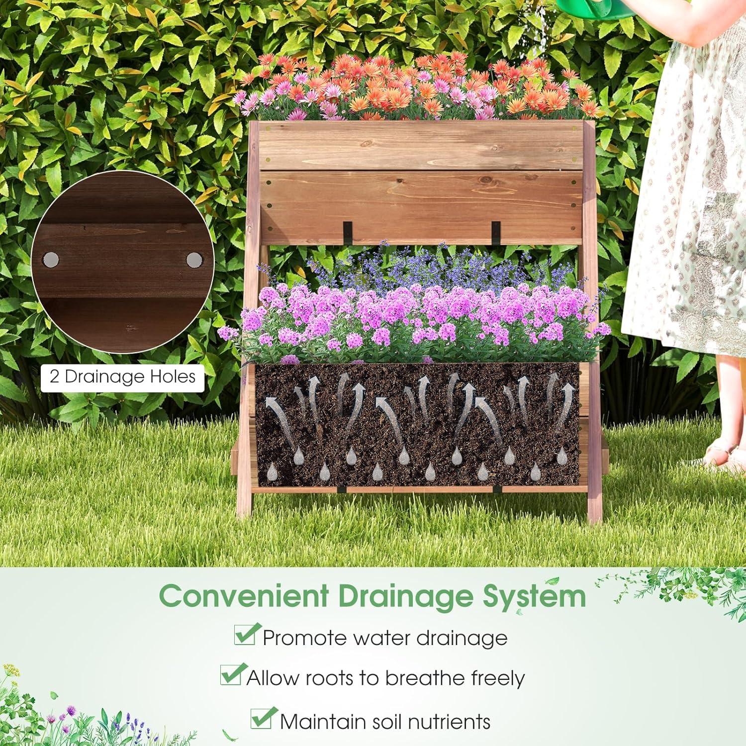 image:imageGiantex Vertical Raised Garden Bed 3 Wood Planter Boxes for Flower Vegetable Fruit Herb Freestanding Garden Planter with Drain Holes Elevated Raised Beds for Indoor Outdoor Lawn Patio Yard Brown26x29x29