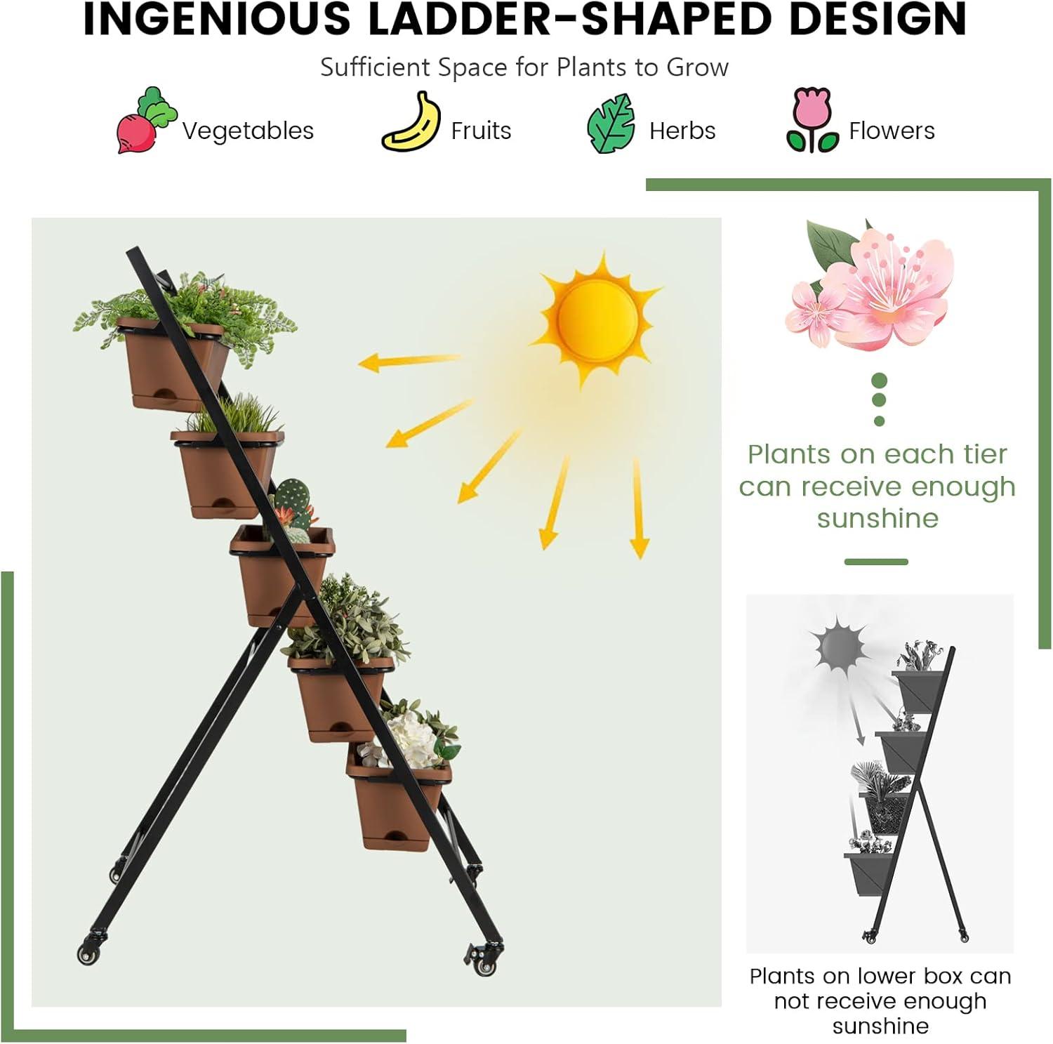 image:imageGiantex Vertical Raised Garden Bed on Wheels 5Tier Elevated Planter Boxes Garden Beds with Drain Hole Freestanding 5 Containers for Herb Vegetables Flowers Growing Indoor Outdoor Patio Balcony2