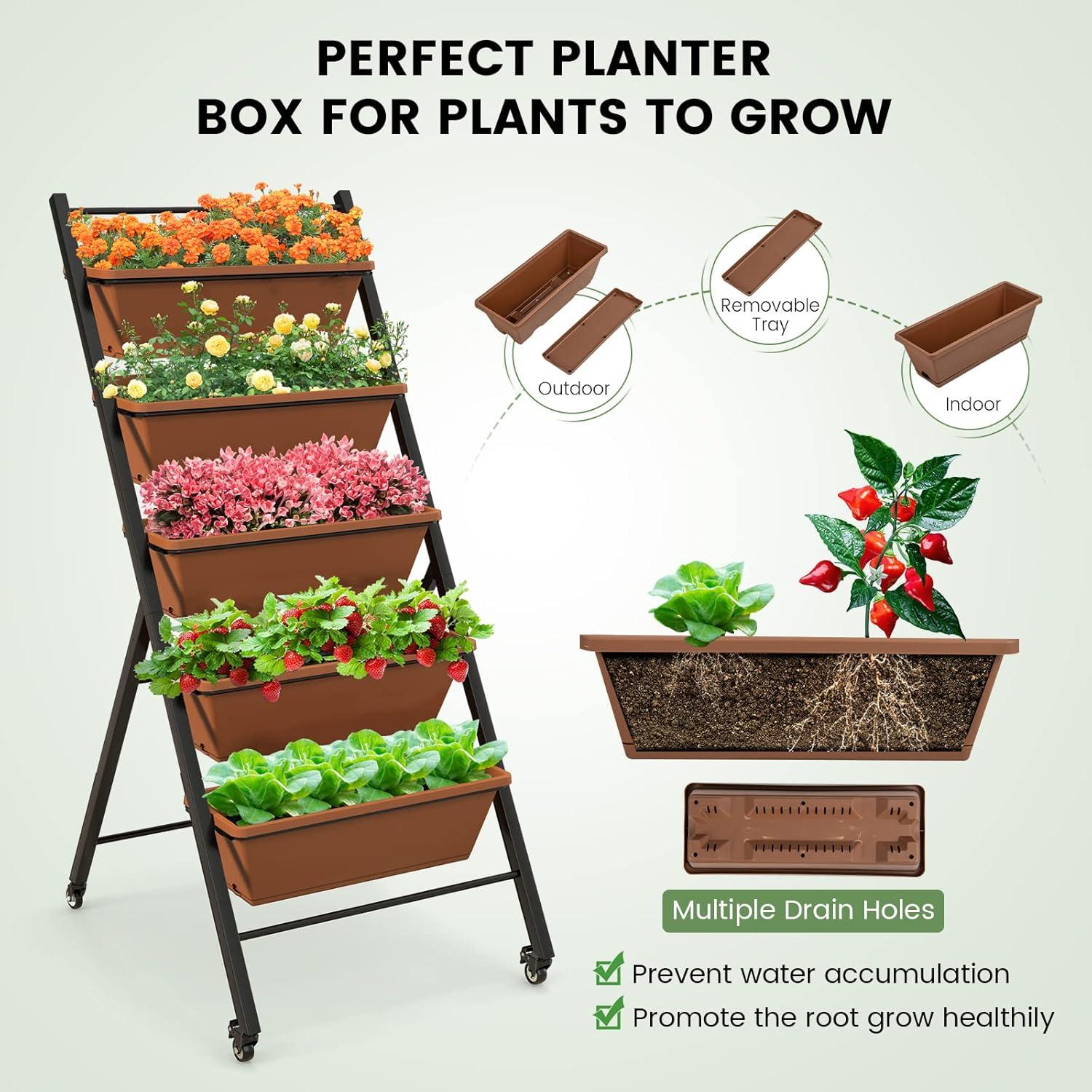 image:imageGiantex Vertical Raised Garden Bed on Wheels 5Tier Elevated Planter Boxes Garden Beds with Drain Hole Freestanding 5 Containers for Herb Vegetables Flowers Growing Indoor Outdoor Patio Balcony2