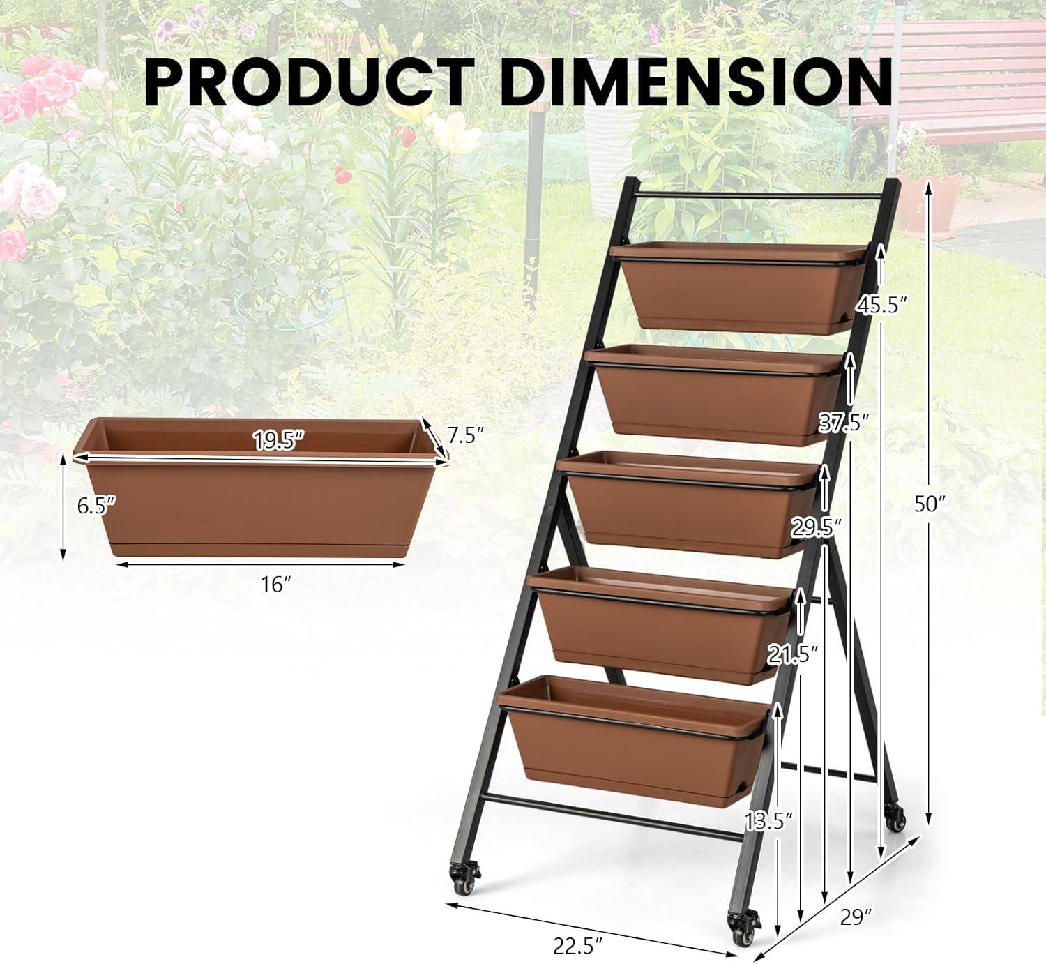 image:imageGiantex Vertical Raised Garden Bed on Wheels 5Tier Elevated Planter Boxes Garden Beds with Drain Hole Freestanding 5 Containers for Herb Vegetables Flowers Growing Indoor Outdoor Patio Balcony1