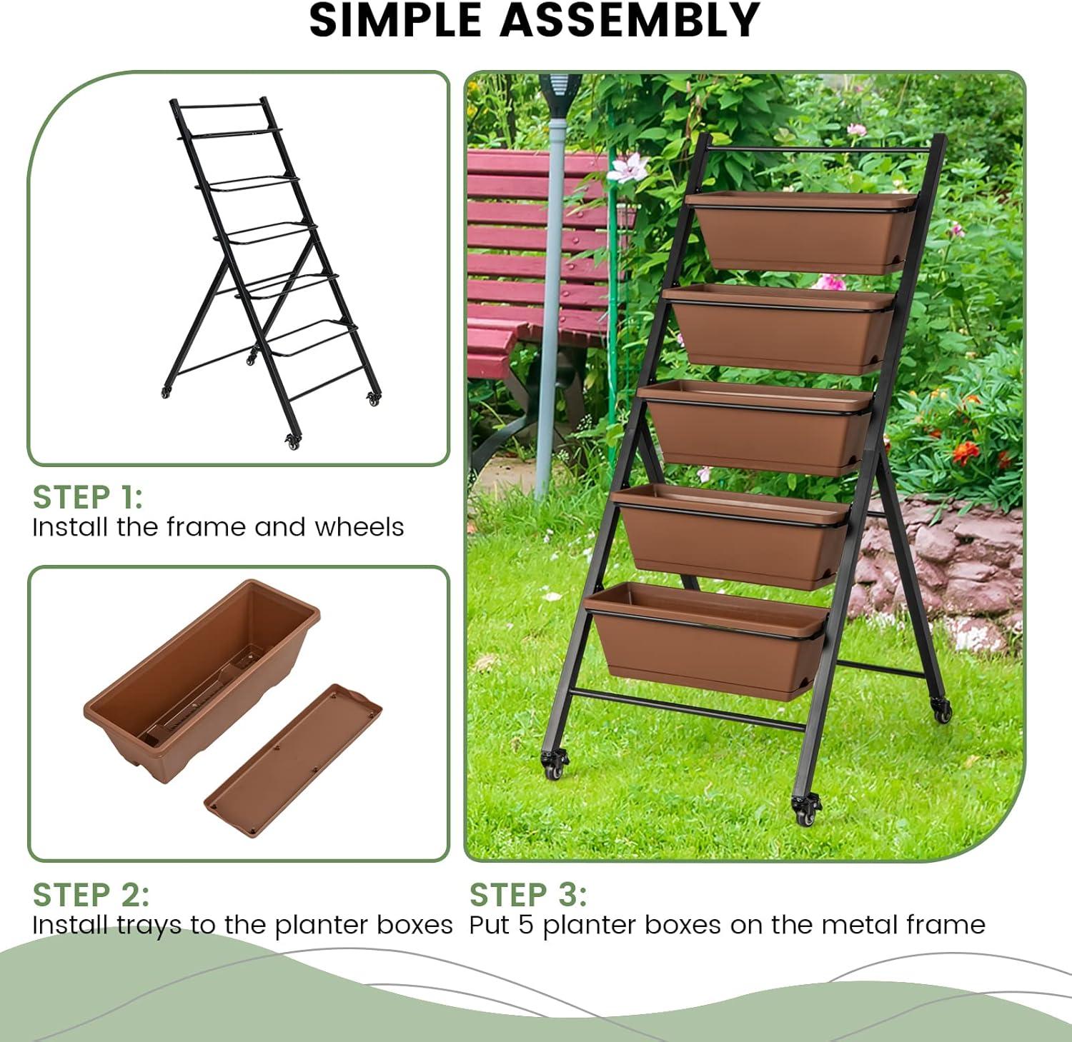 image:imageGiantex Vertical Raised Garden Bed on Wheels 5Tier Elevated Planter Boxes Garden Beds with Drain Hole Freestanding 5 Containers for Herb Vegetables Flowers Growing Indoor Outdoor Patio Balcony2