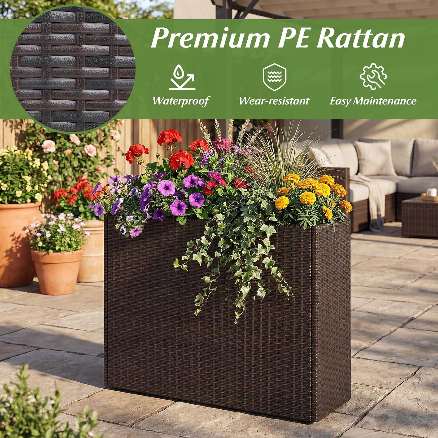 image:imageGiantex Wicker Raised Garden Bed with Wheels 38x12x14 Rectangular Garden Planter Box wPE Rattan Liner Fabric Wicker Patio Elevated Raised Bed for Vegetable Flower Herb Porch Balcony1