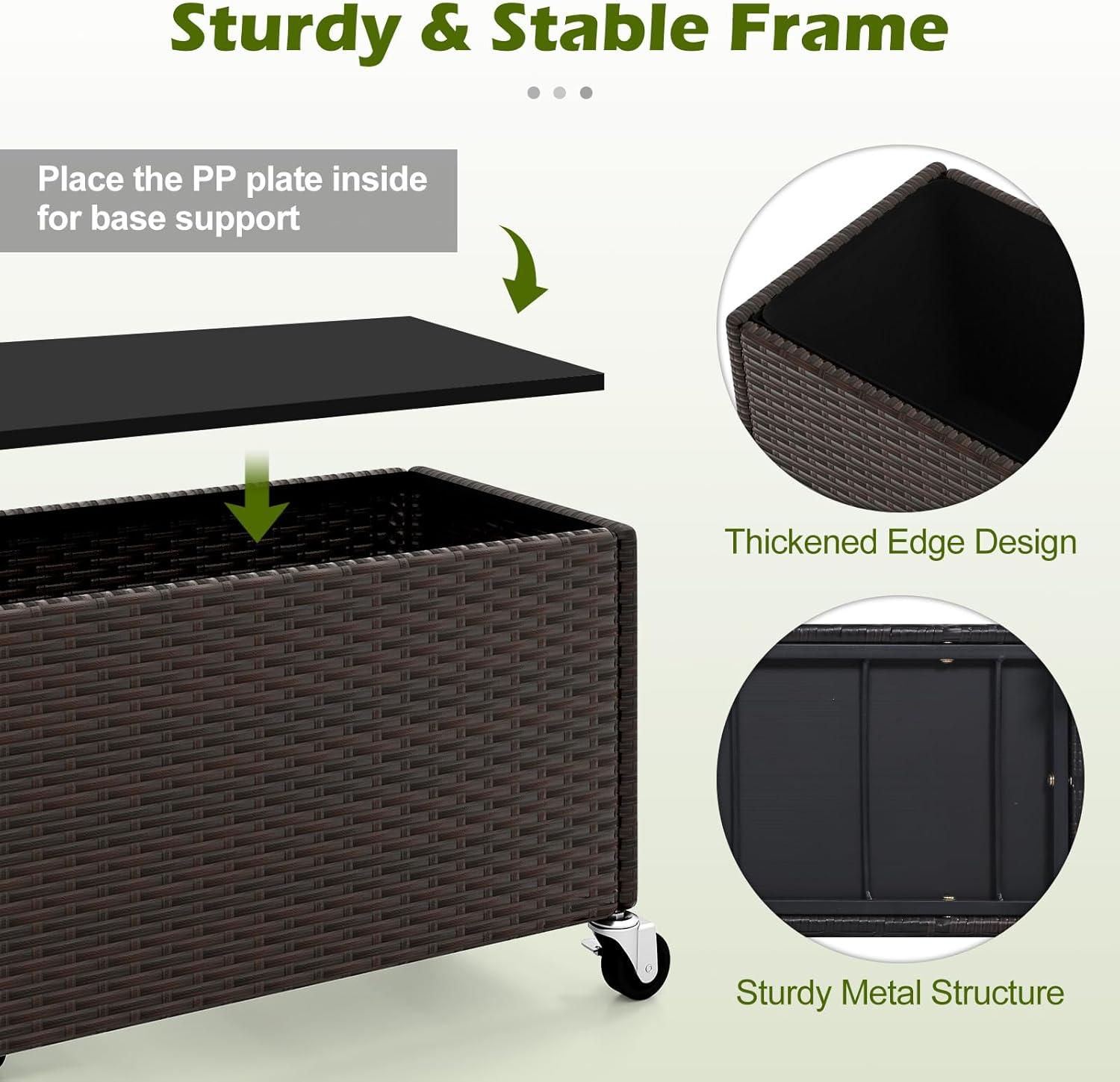 image:imageGiantex Wicker Raised Garden Bed with Wheels 38x12x14 Rectangular Garden Planter Box wPE Rattan Liner Fabric Wicker Patio Elevated Raised Bed for Vegetable Flower Herb Porch Balcony1
