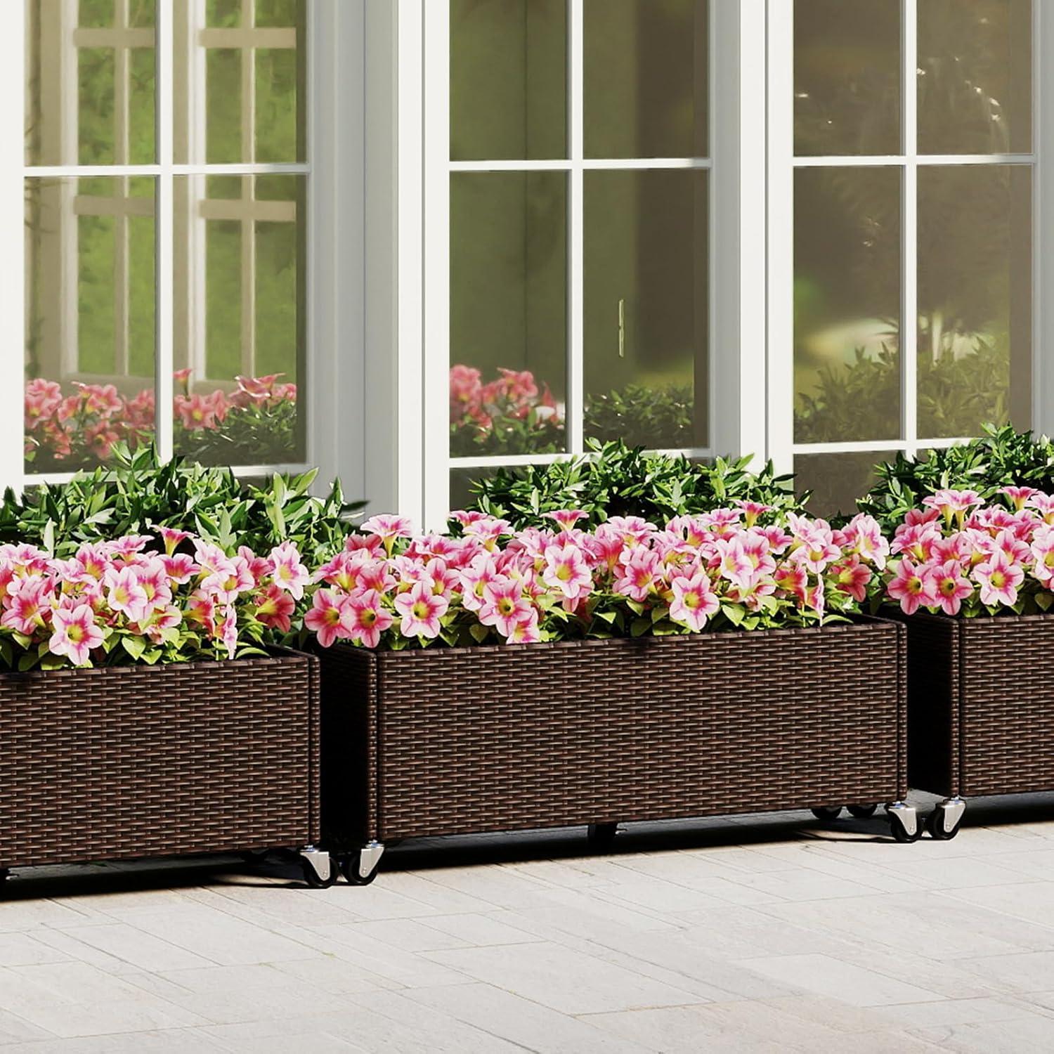 image:imageGiantex Wicker Raised Garden Bed with Wheels 38x12x14 Rectangular Garden Planter Box wPE Rattan Liner Fabric Wicker Patio Elevated Raised Bed for Vegetable Flower Herb Porch Balcony2
