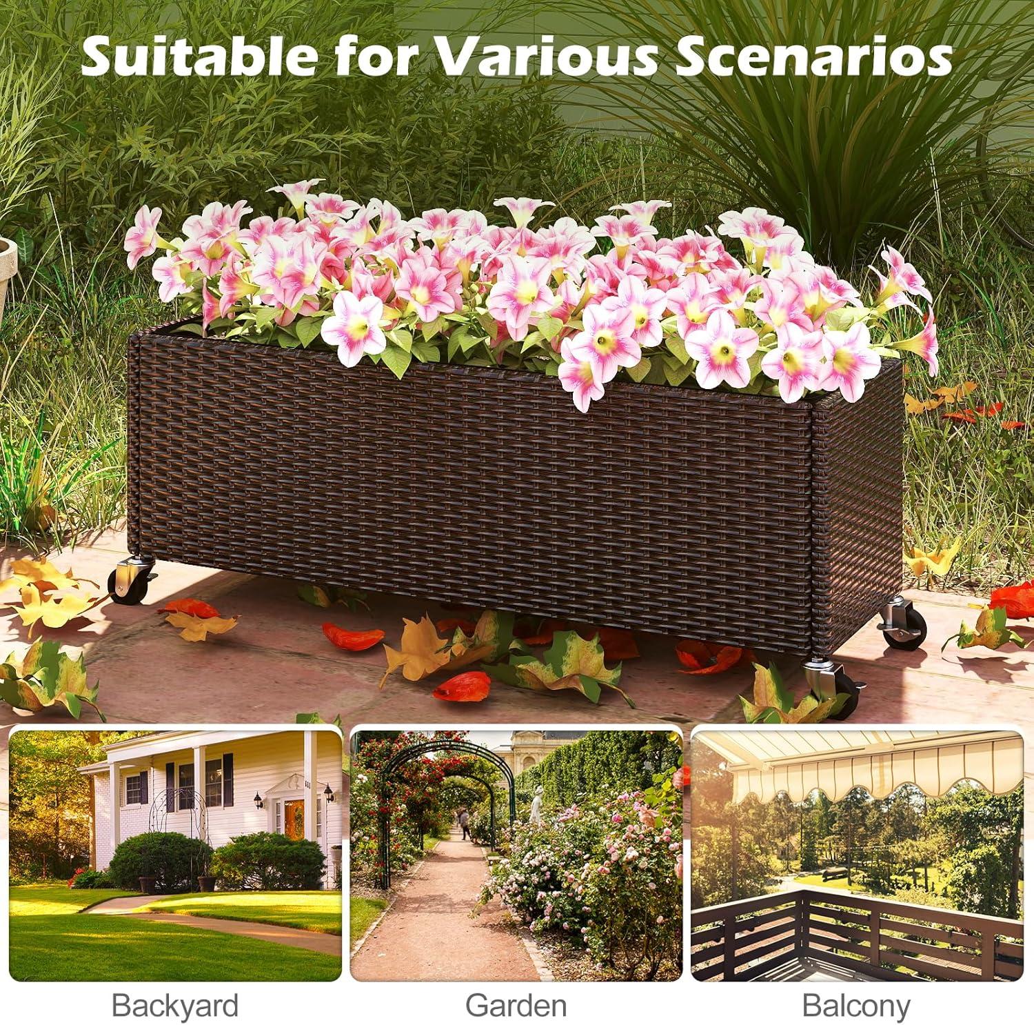 image:imageGiantex Wicker Raised Garden Bed with Wheels 38x12x14 Rectangular Garden Planter Box wPE Rattan Liner Fabric Wicker Patio Elevated Raised Bed for Vegetable Flower Herb Porch Balcony2